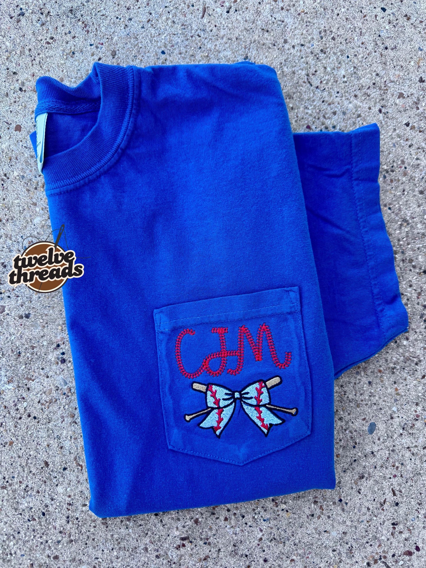 Coquette bow baseball and softball comfort color pocket tee, embroidered monogram, laces font, embroidery, ball season mom tee, comfort tee