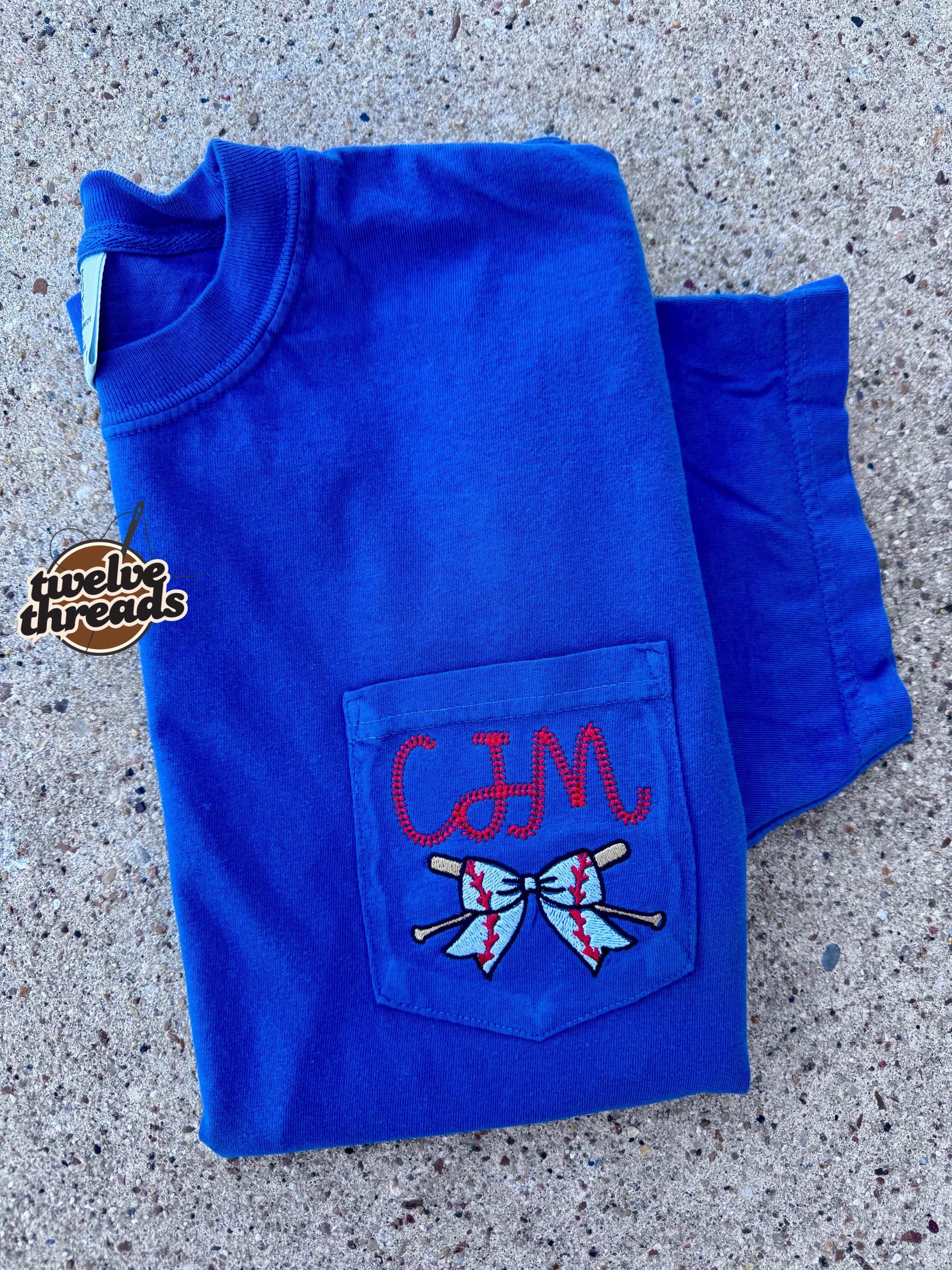 Coquette bow baseball and softball comfort color pocket tee, embroidered monogram, laces font, embroidery, ball season mom tee, comfort tee