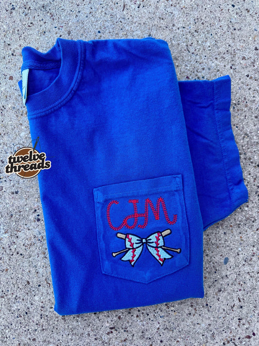 Coquette bow baseball and softball comfort color pocket tee, embroidered monogram, laces font, embroidery, ball season mom tee, comfort tee
