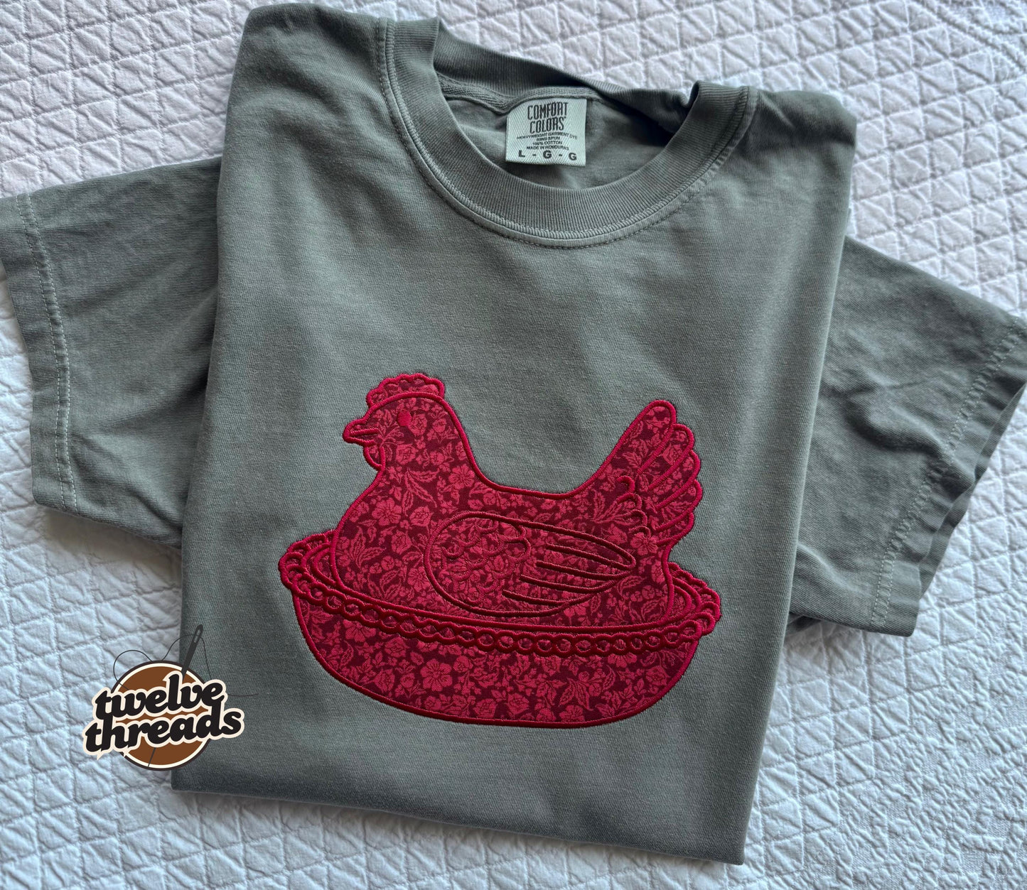 Applique embroidered mama hen, chicken, eggs, farm animals,embroidery, cow, cat,duck in a dish, antique, decor,comfort colors, hen in a dish