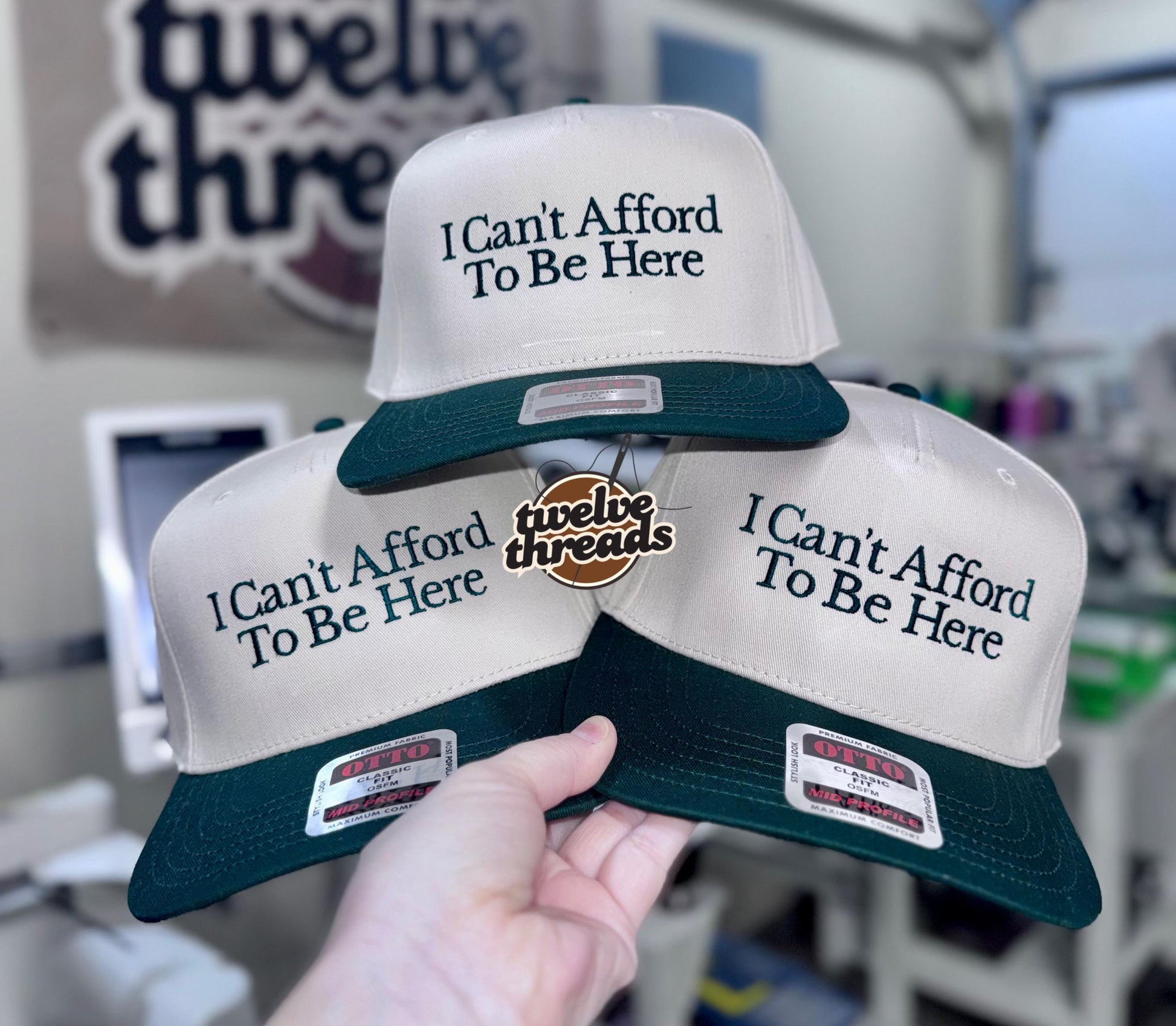 Embroidered I can’t afford to be here Otto cap, 5 panel Otto cap, trucker hat, custom embroidery, embroidery trucker hat, monochrome look