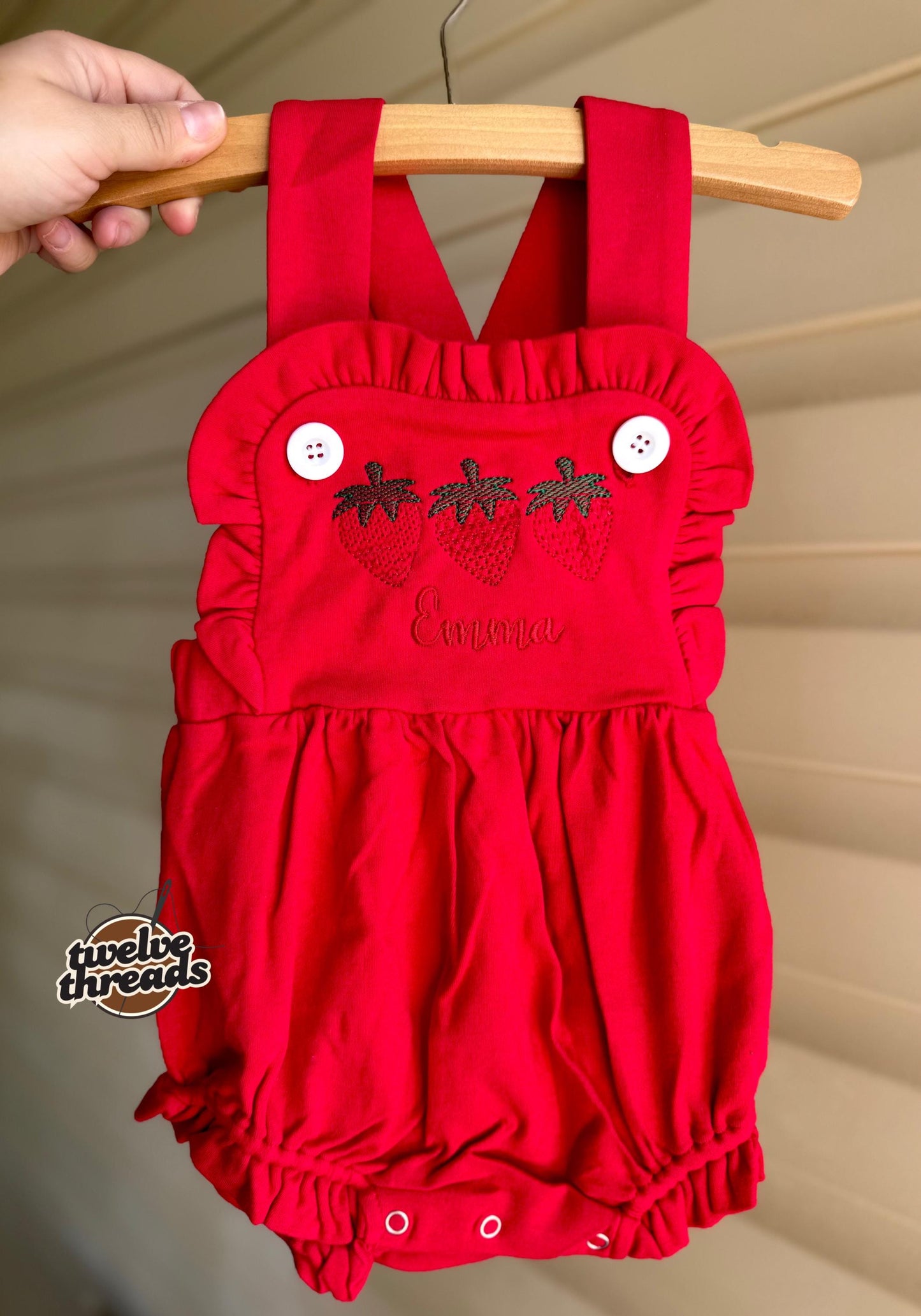 Personalized triple strawberry embroidered sunsuit bubble romper, embroidered strawberry design, custom name sunsuit, criss cross back