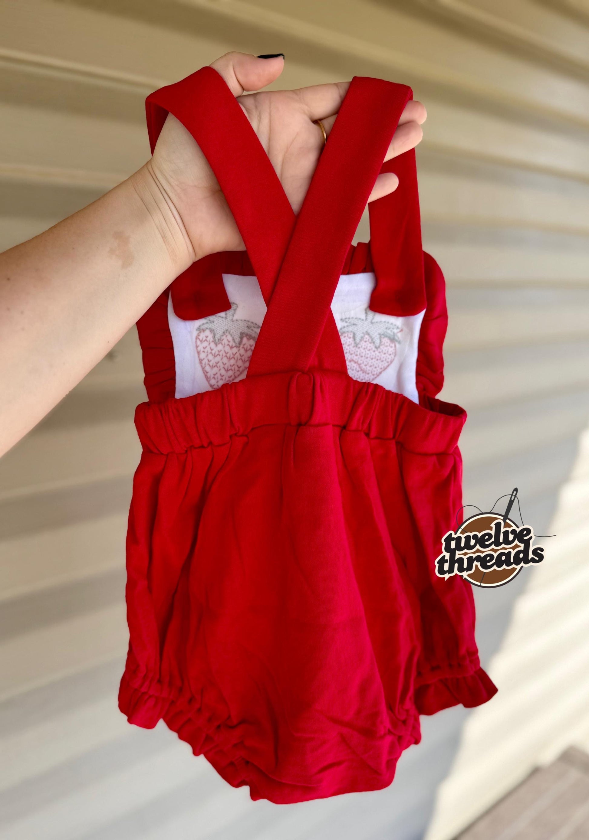 Personalized triple strawberry embroidered sunsuit bubble romper, embroidered strawberry design, custom name sunsuit, criss cross back