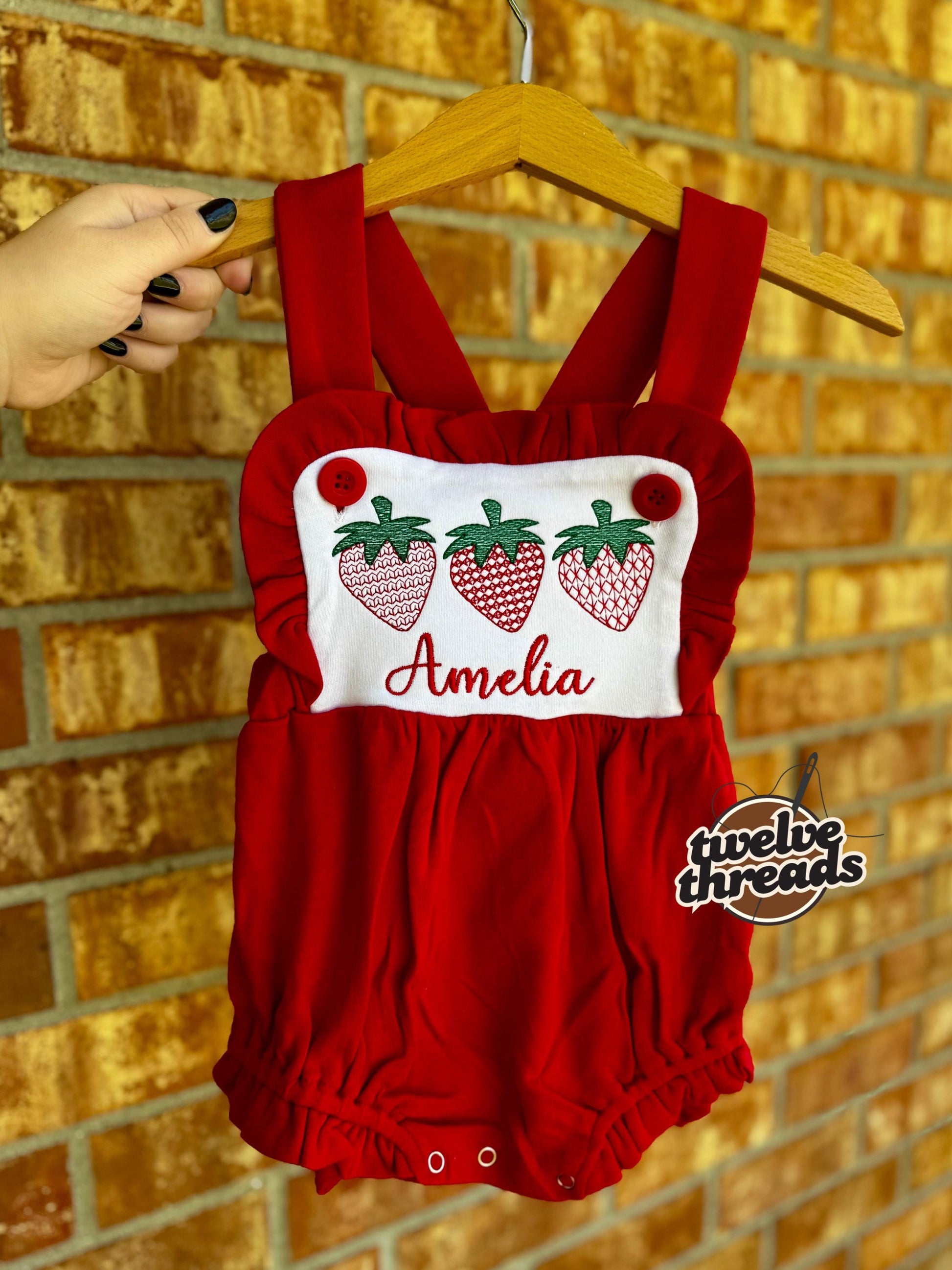 Personalized triple strawberry embroidered sunsuit bubble romper, embroidered strawberry design, custom name sunsuit, criss cross back