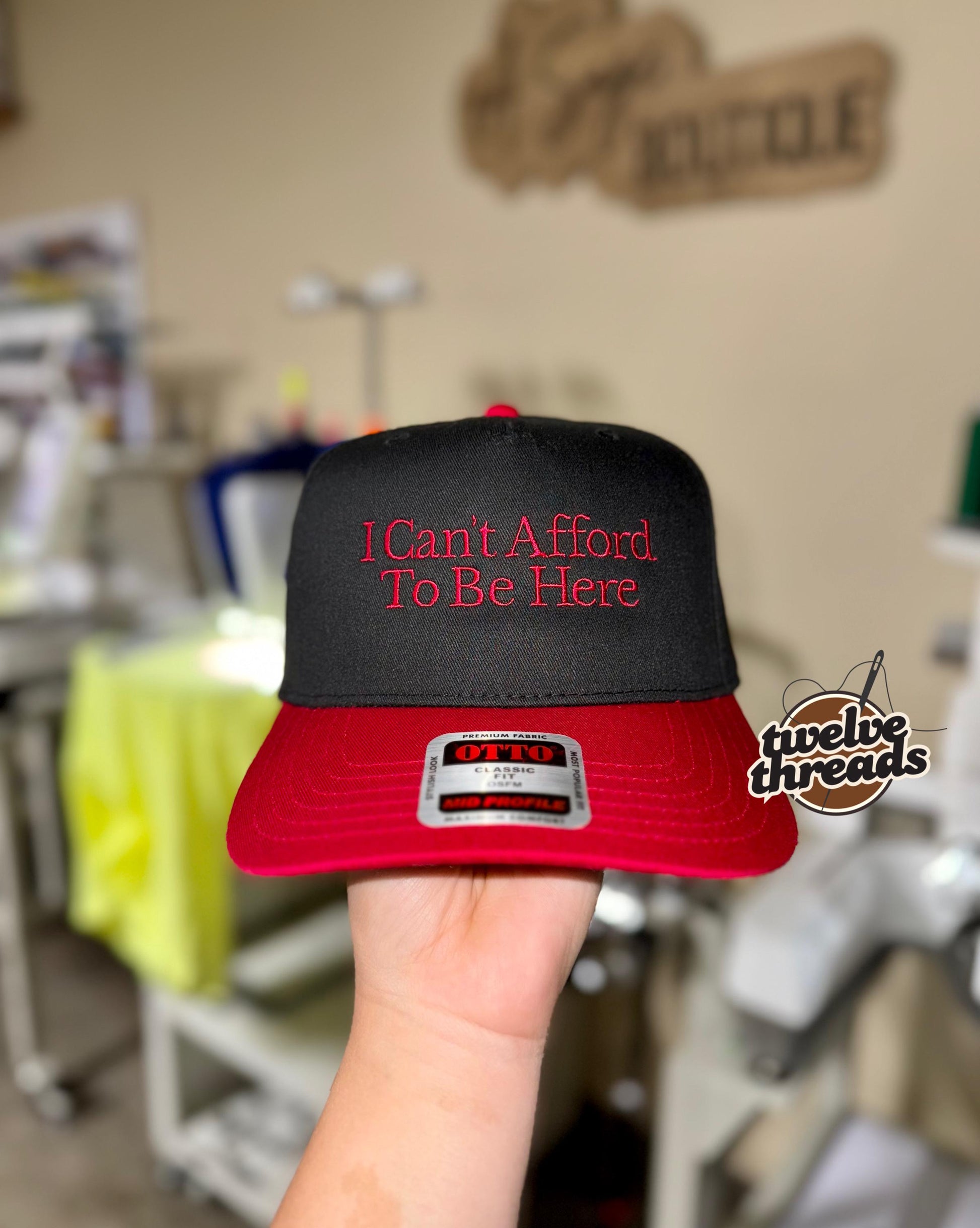 Embroidered I can’t afford to be here Otto cap, 5 panel Otto cap, trucker hat, custom embroidery, embroidery trucker hat, monochrome look