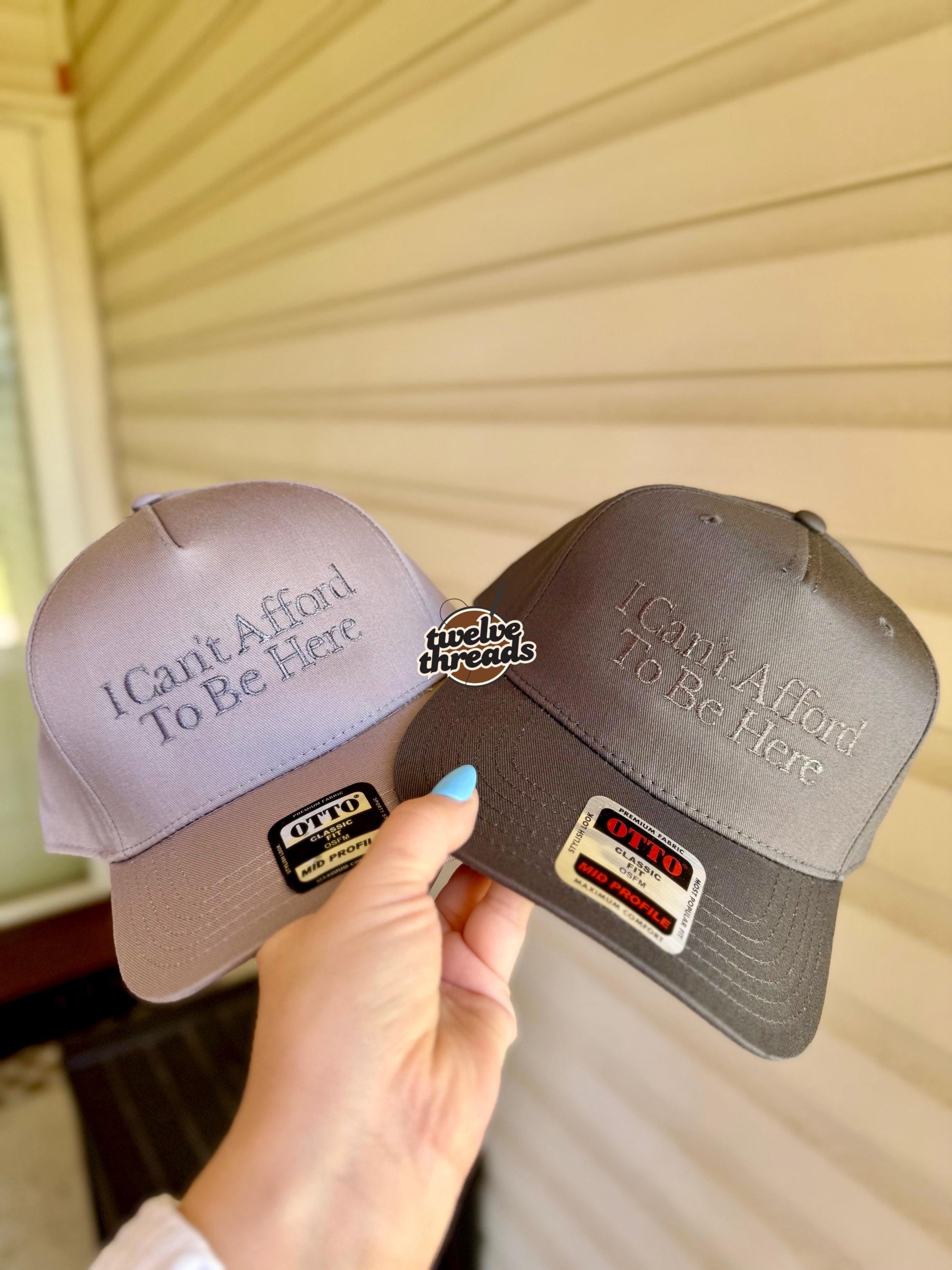 Embroidered I can’t afford to be here Otto cap, 5 panel Otto cap, trucker hat, custom embroidery, embroidery trucker hat, monochrome look