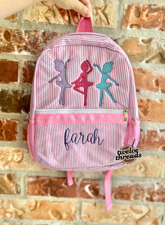 Dancer - ballet - ballerina - seersucker back pack - diaper bag - kids bag - toddler backpack - embroidered backpack - personalized bag
