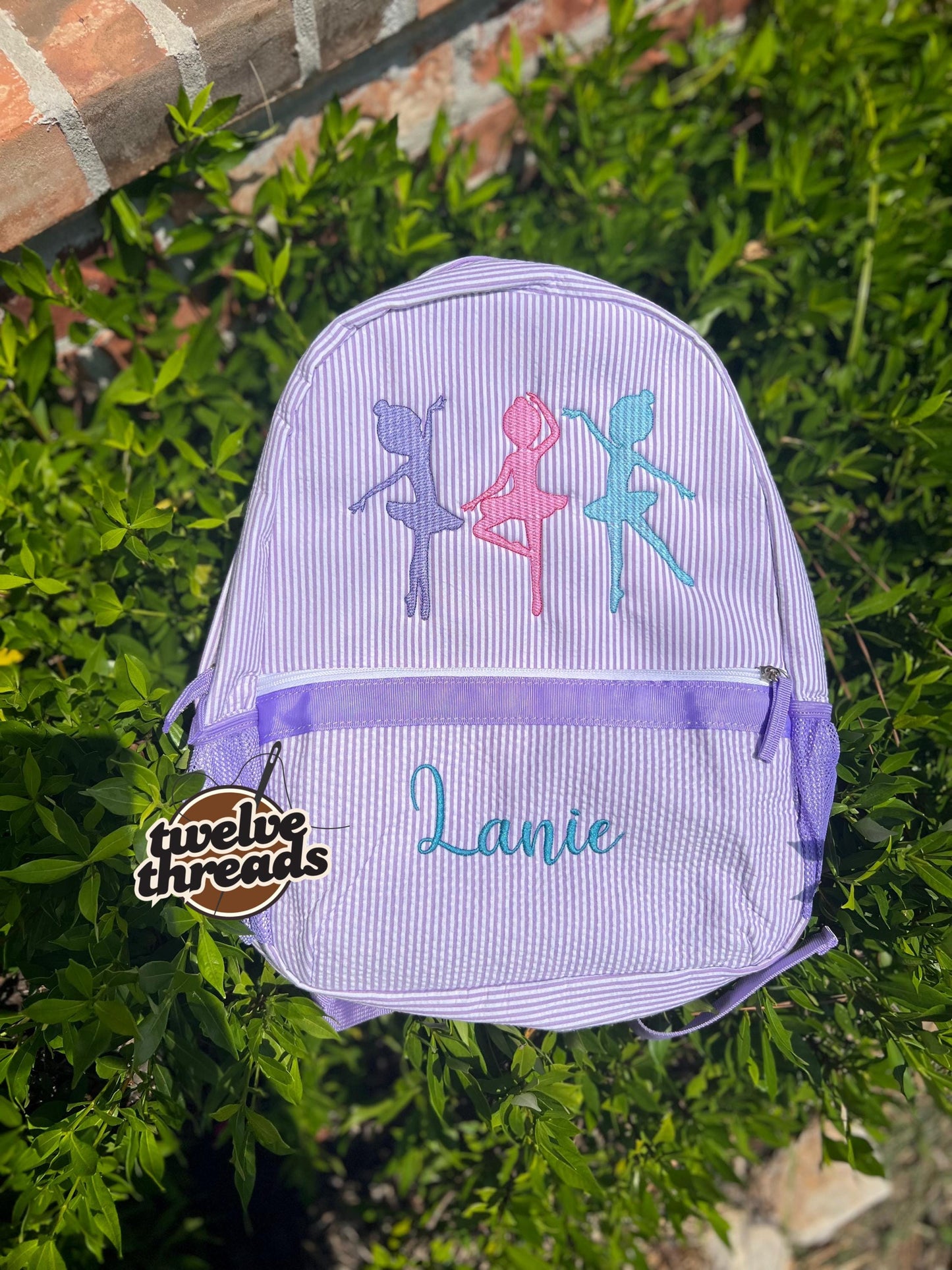 Dancer - ballet - ballerina - seersucker back pack - diaper bag - kids bag - toddler backpack - embroidered backpack - personalized bag
