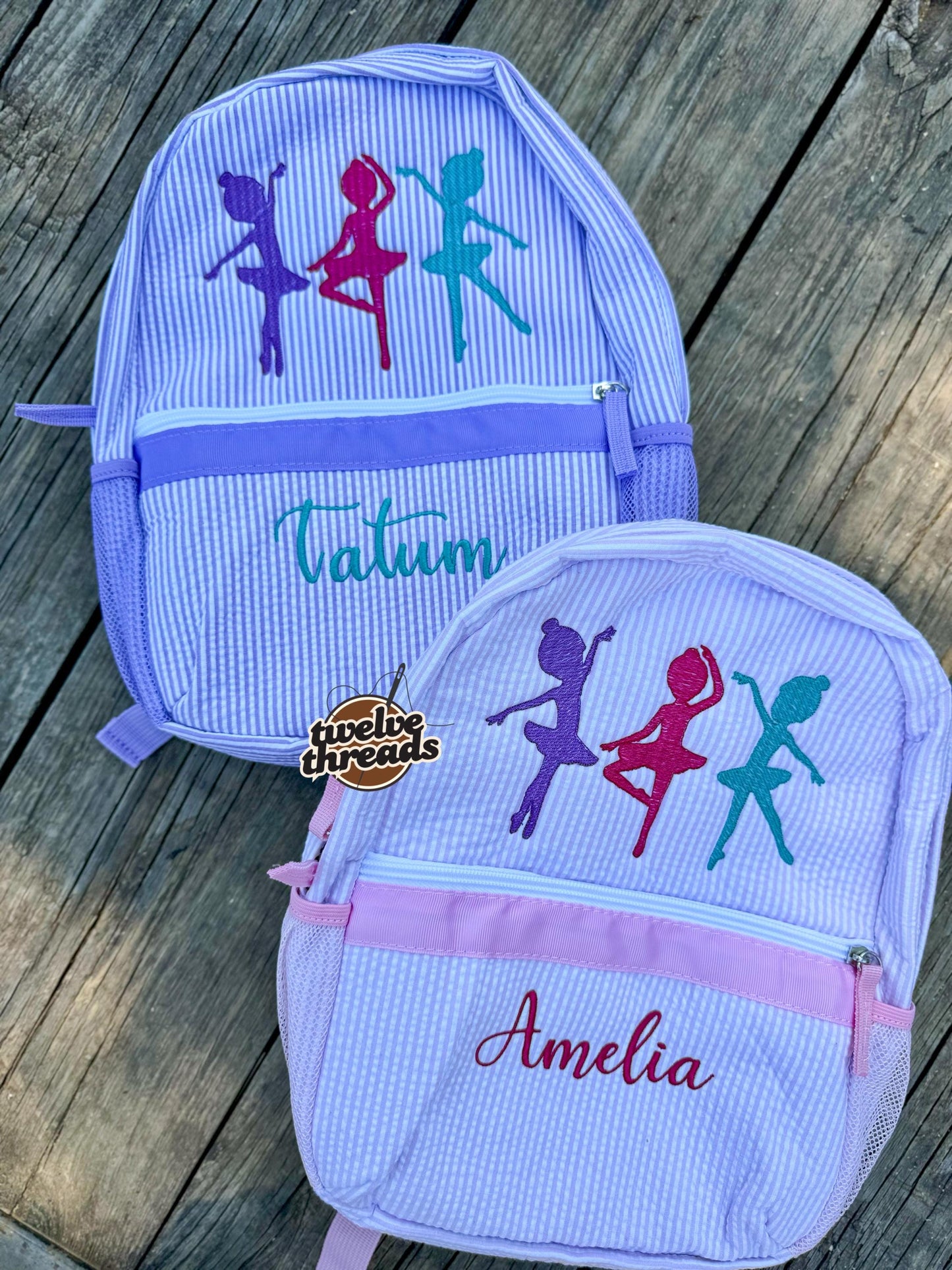 Dancer - ballet - ballerina - seersucker back pack - diaper bag - kids bag - toddler backpack - embroidered backpack - personalized bag