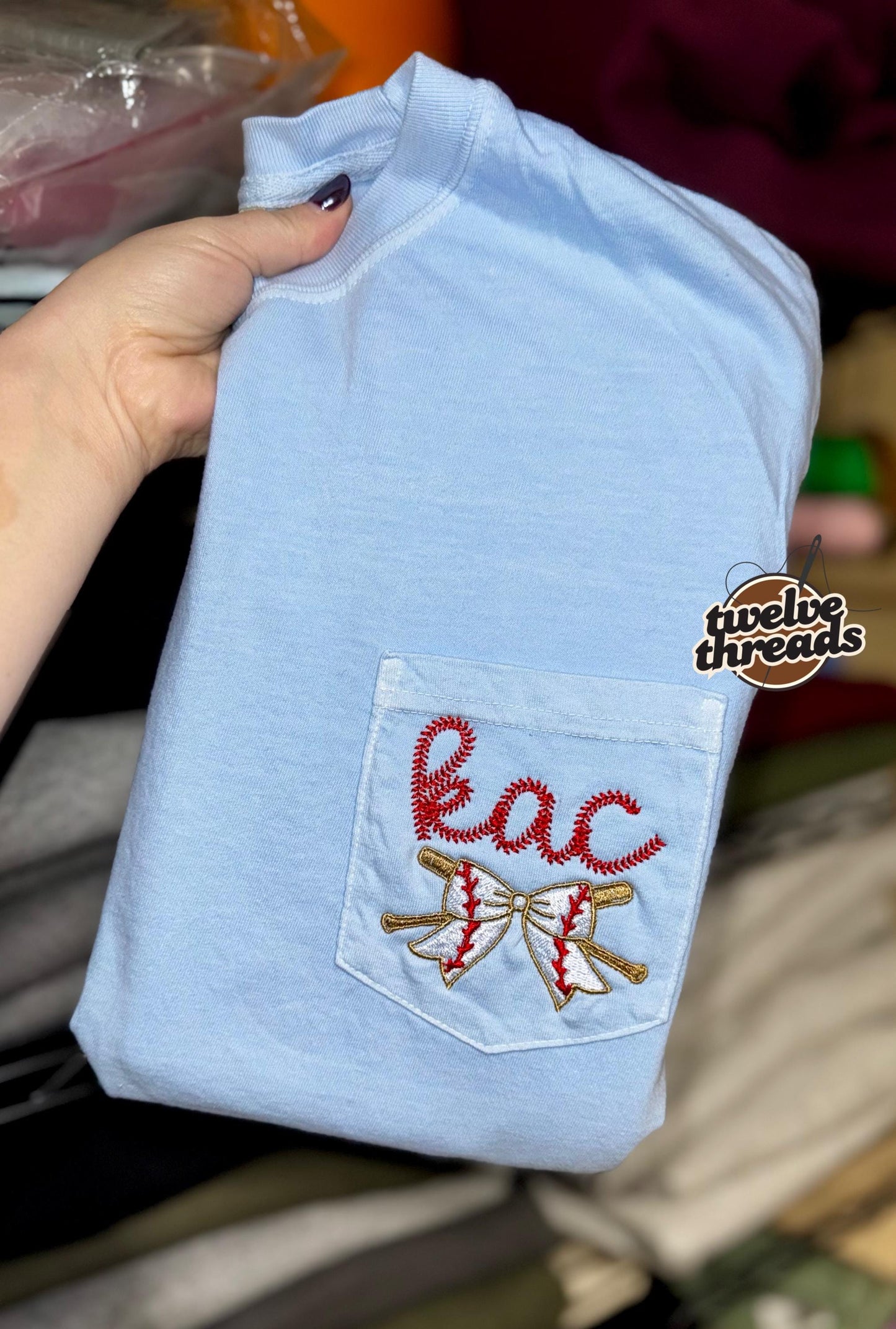 Coquette bow baseball and softball comfort color pocket tee, embroidered monogram, laces font, embroidery, ball season mom tee, comfort tee