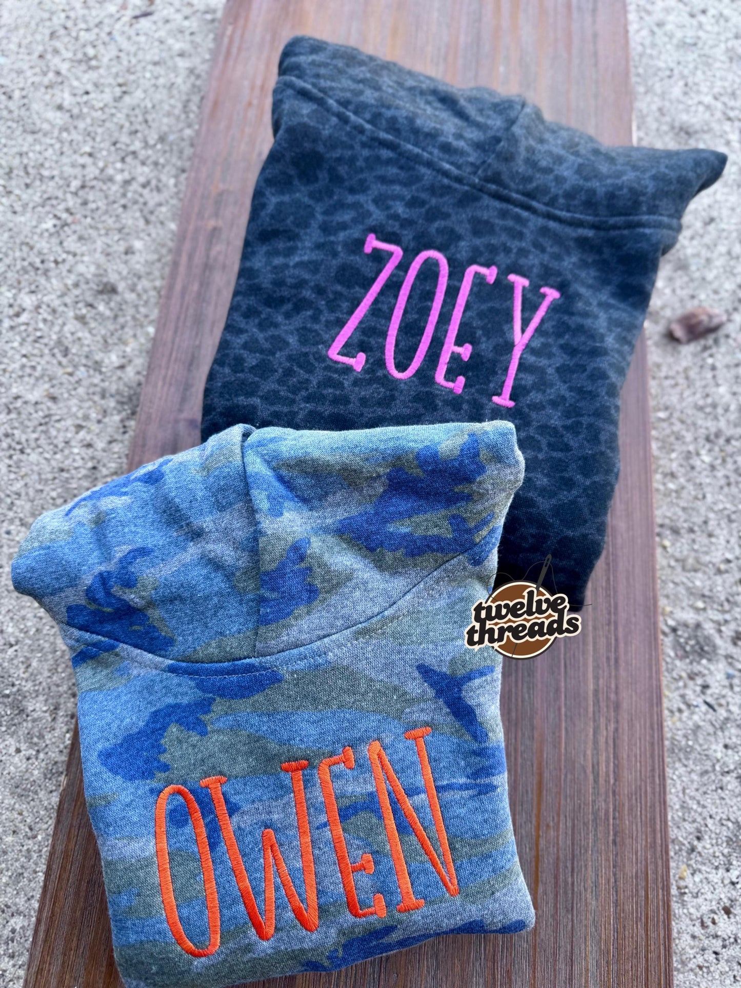 Embroidered double name hoodie / black leopard / vintage camo / embroidered kids hoodie / toddler hoodie / embroidery / custom name