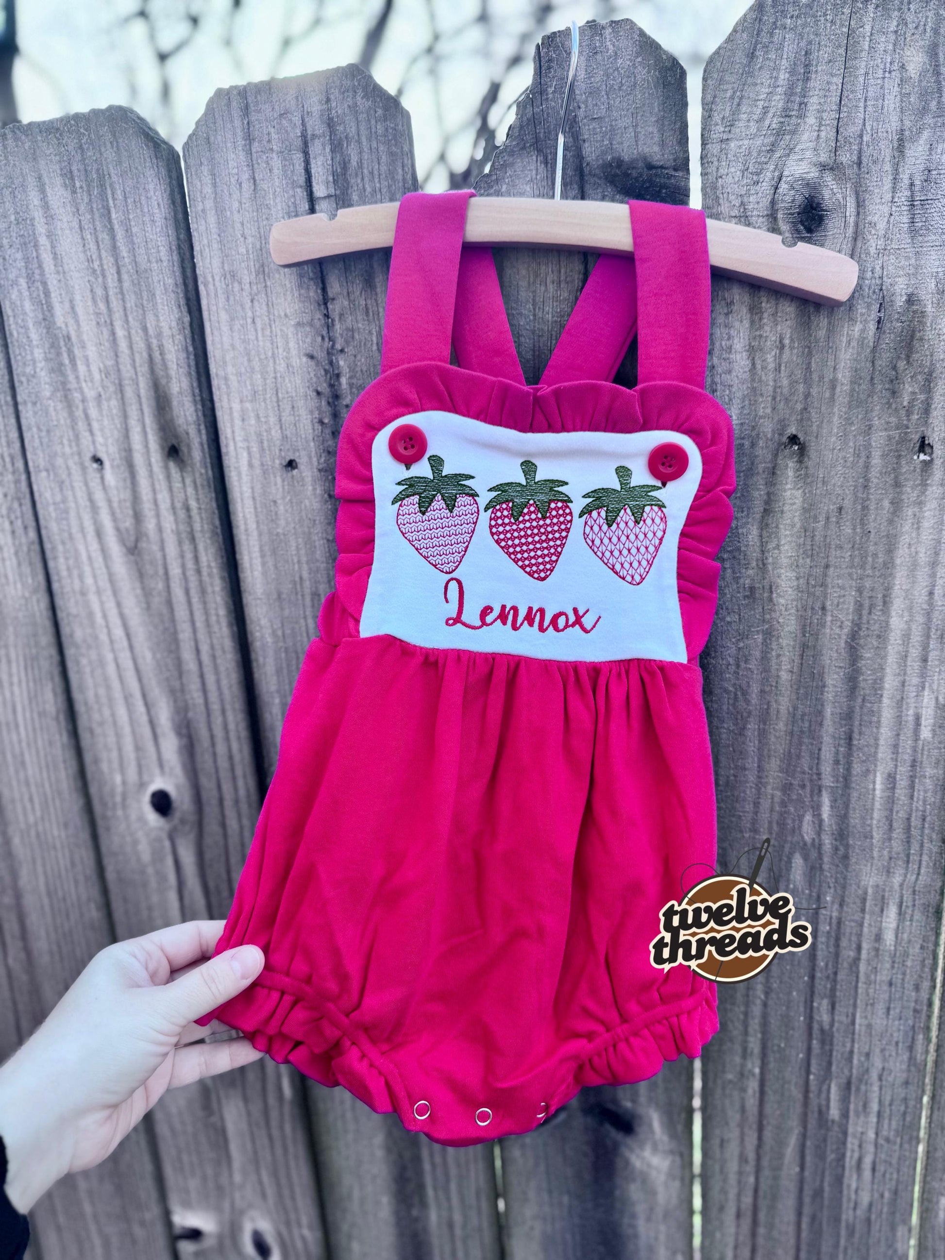 Personalized triple strawberry embroidered sunsuit bubble romper, embroidered strawberry design, custom name sunsuit, criss cross back