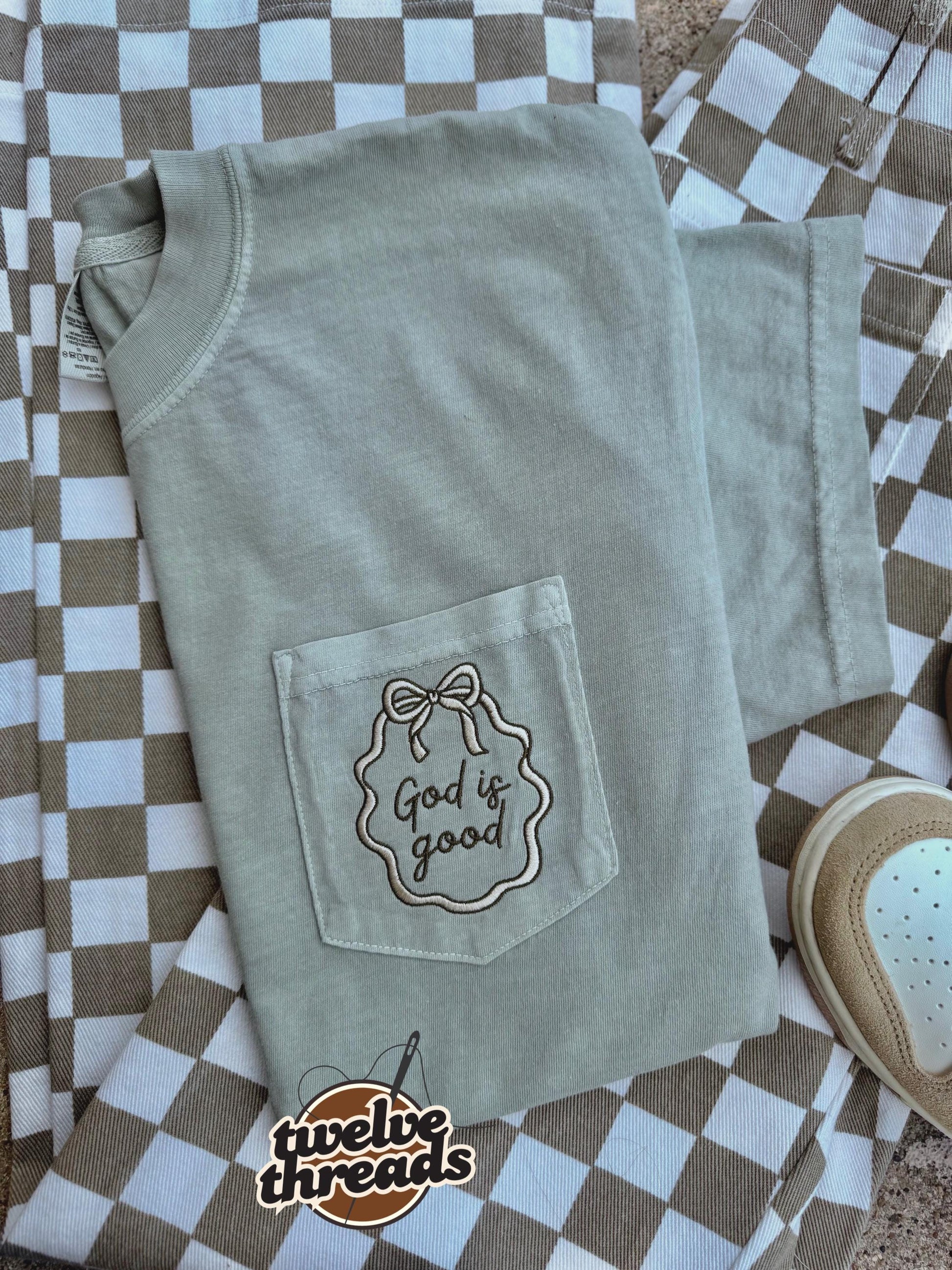God is good pocket comfort colors t shirt, embroidered pocket tee, GOD IS GOOD, coquette bow, custom thread colors, border frame design