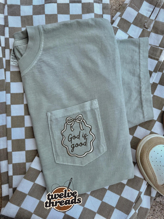 God is good pocket comfort colors t shirt, embroidered pocket tee, GOD IS GOOD, coquette bow, custom thread colors, border frame design