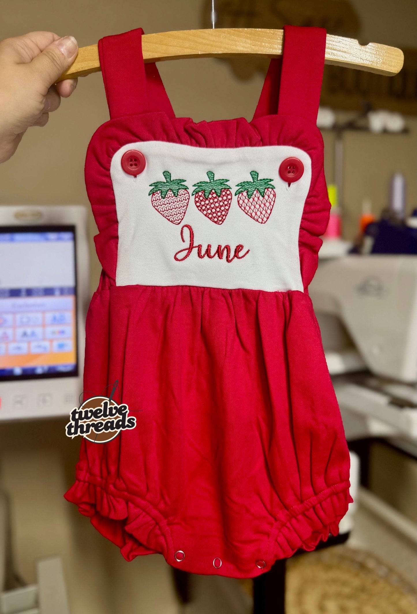Personalized triple strawberry embroidered sunsuit bubble romper, embroidered strawberry design, custom name sunsuit, criss cross back