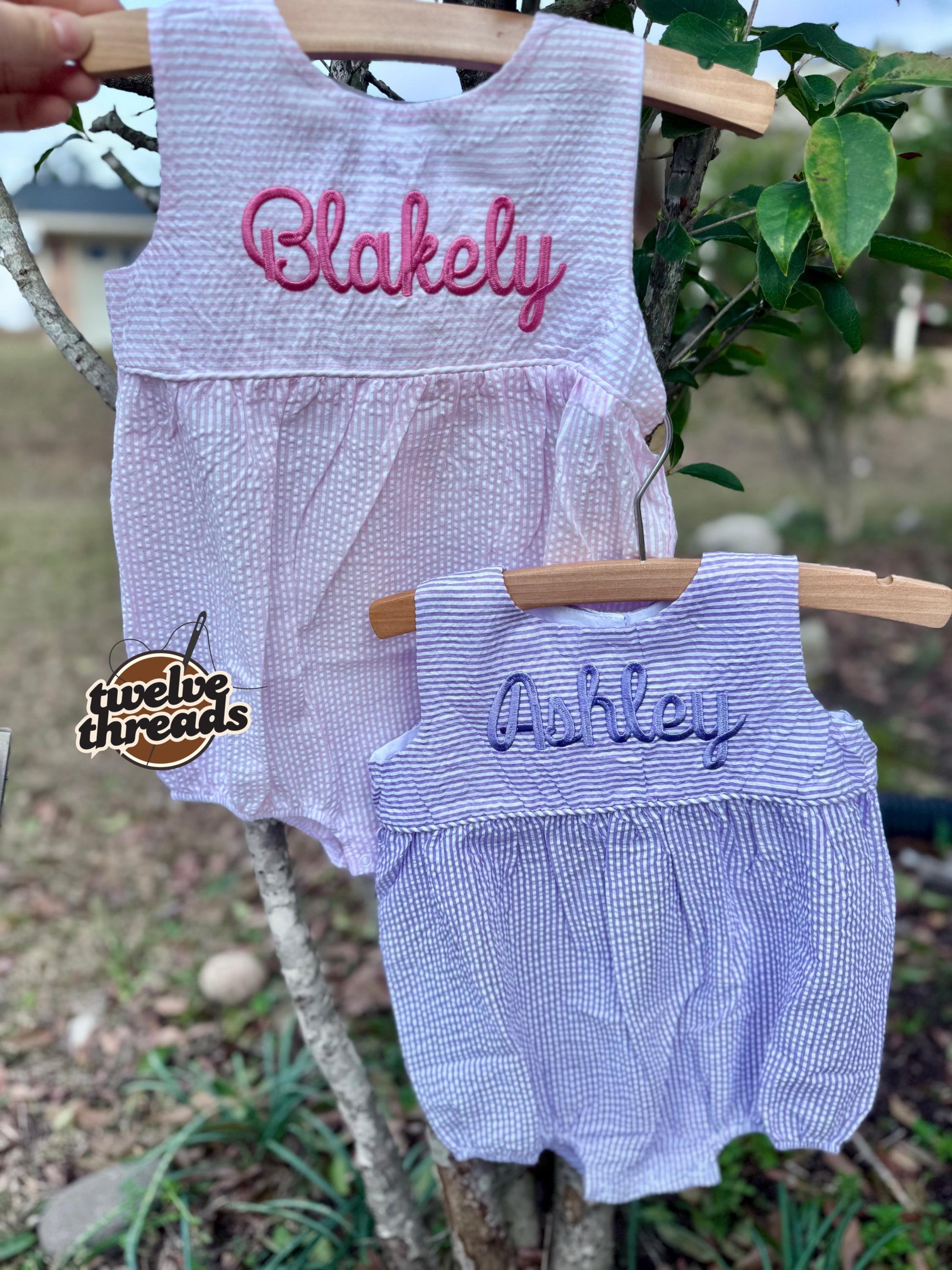 Seersucker side tie dress with custom embroidery, personalized girls seersucker dress, monogram, custom embroidered girls dress, seersucker