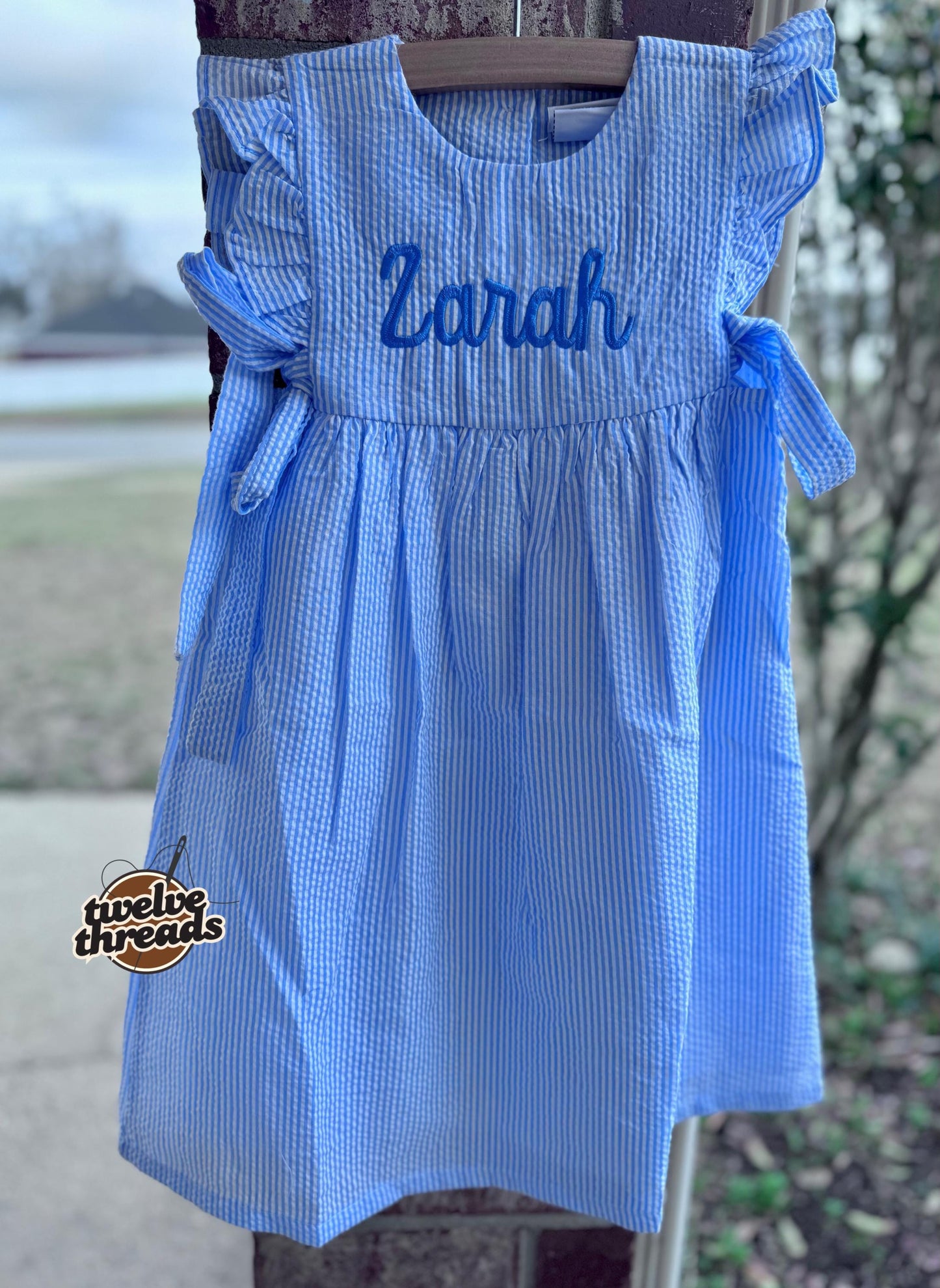 Seersucker side tie dress with custom embroidery, personalized girls seersucker dress, monogram, custom embroidered girls dress, seersucker