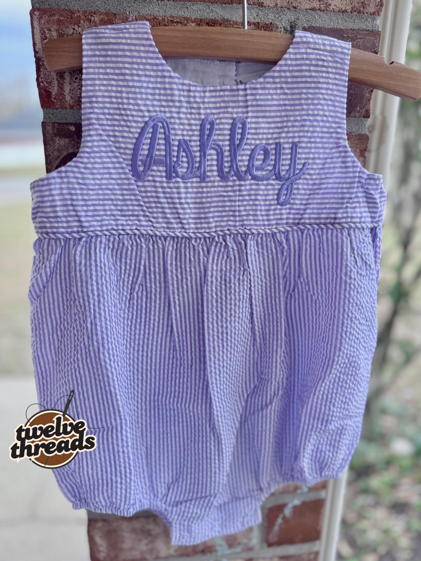 Seersucker side tie dress with custom embroidery, personalized girls seersucker dress, monogram, custom embroidered girls dress, seersucker