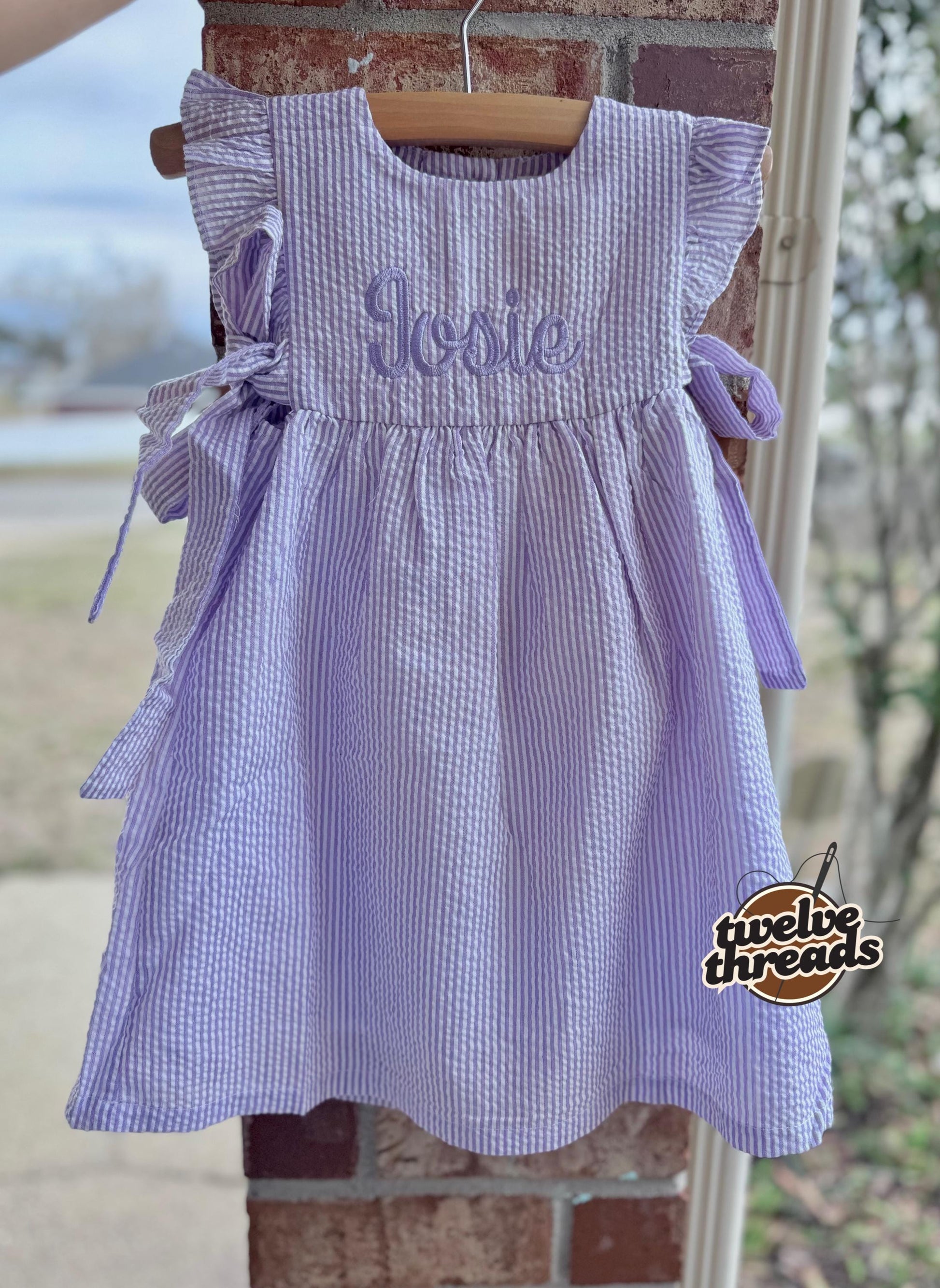 Seersucker side tie dress with custom embroidery, personalized girls seersucker dress, monogram, custom embroidered girls dress, seersucker