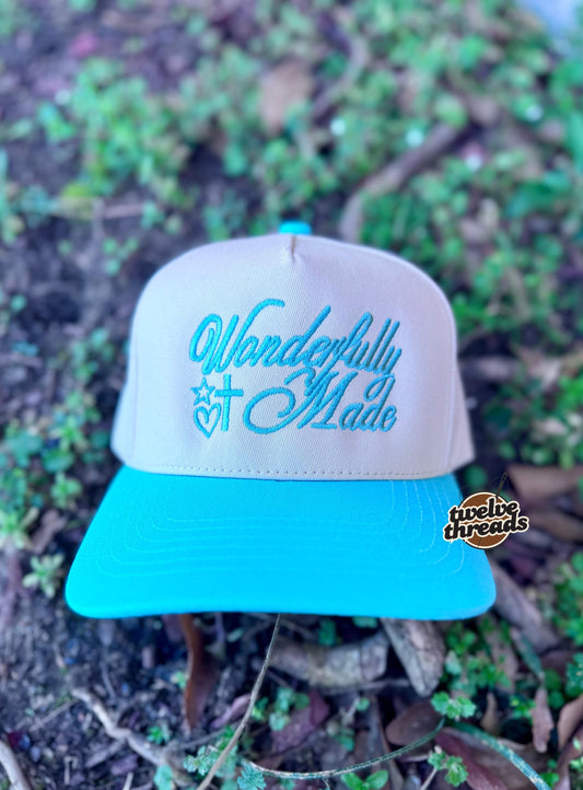 Embroidered WONDERFULLY MADE, Otto cap, 5 panel Otto cap, trucker hat, custom embroidery, embroidery trucker hat, faith trucker cap, hats