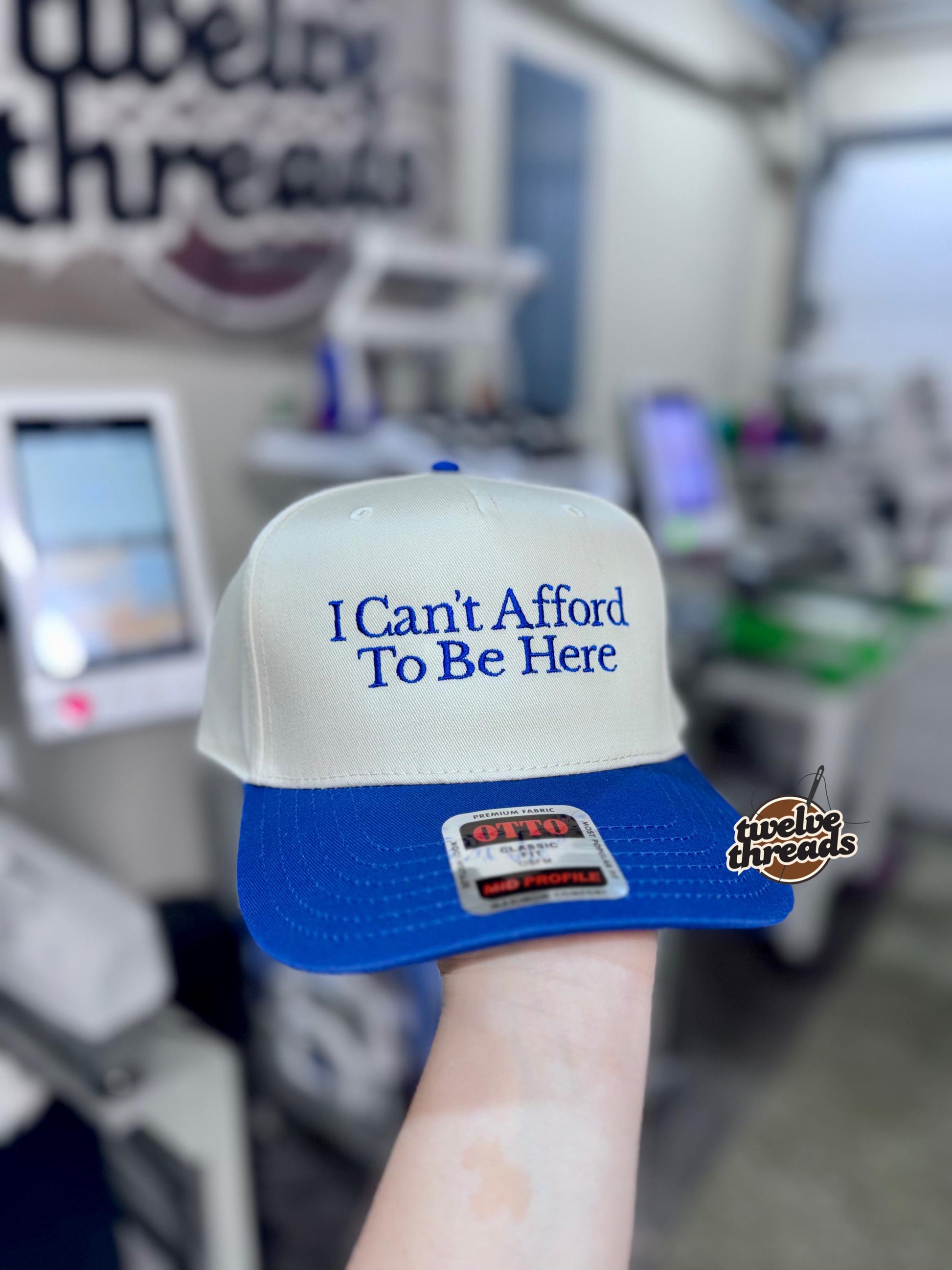 Embroidered I can’t afford to be here Otto cap, 5 panel Otto cap, trucker hat, custom embroidery, embroidery trucker hat, monochrome look