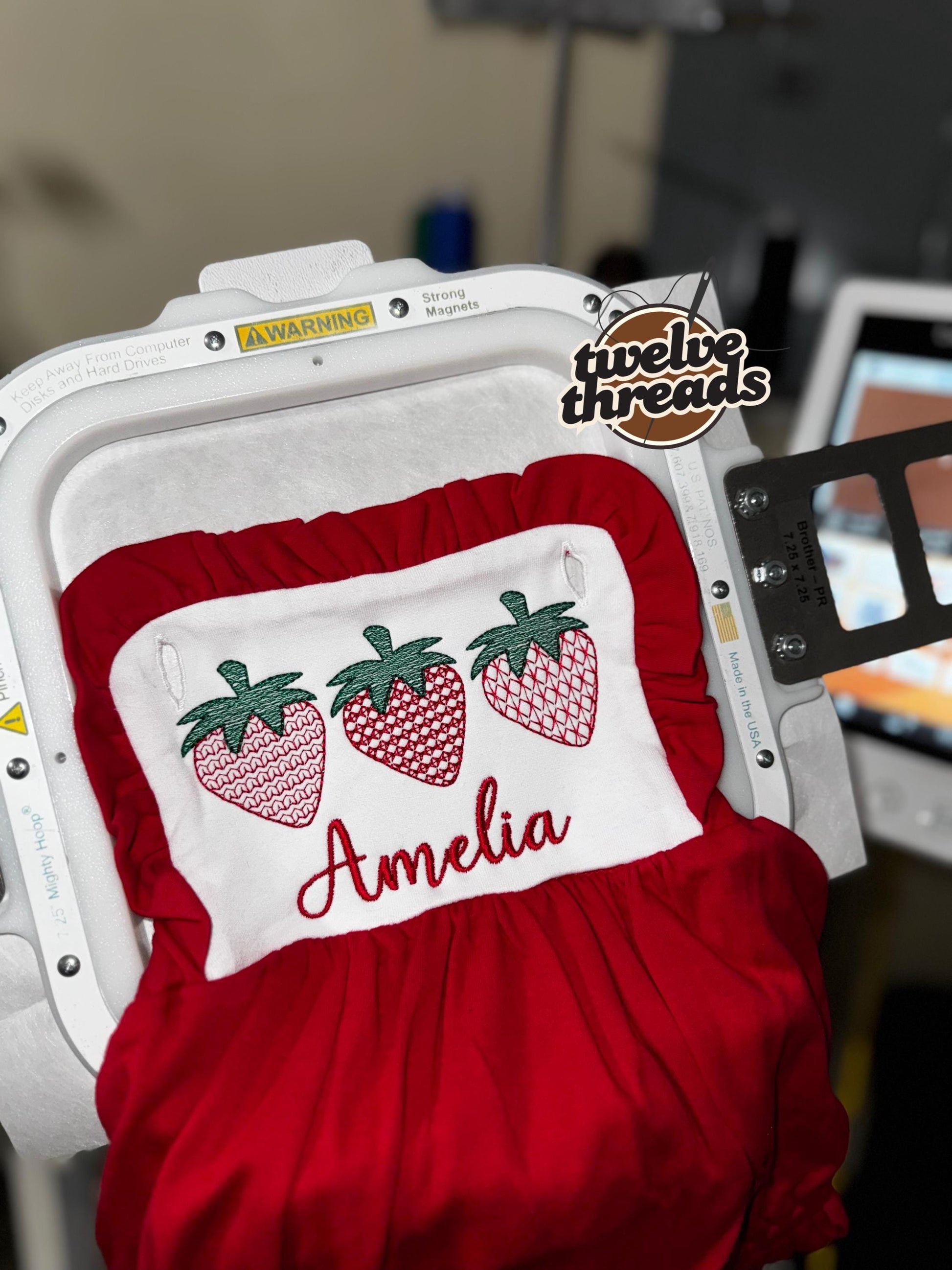 Personalized triple strawberry embroidered sunsuit bubble romper, embroidered strawberry design, custom name sunsuit, criss cross back