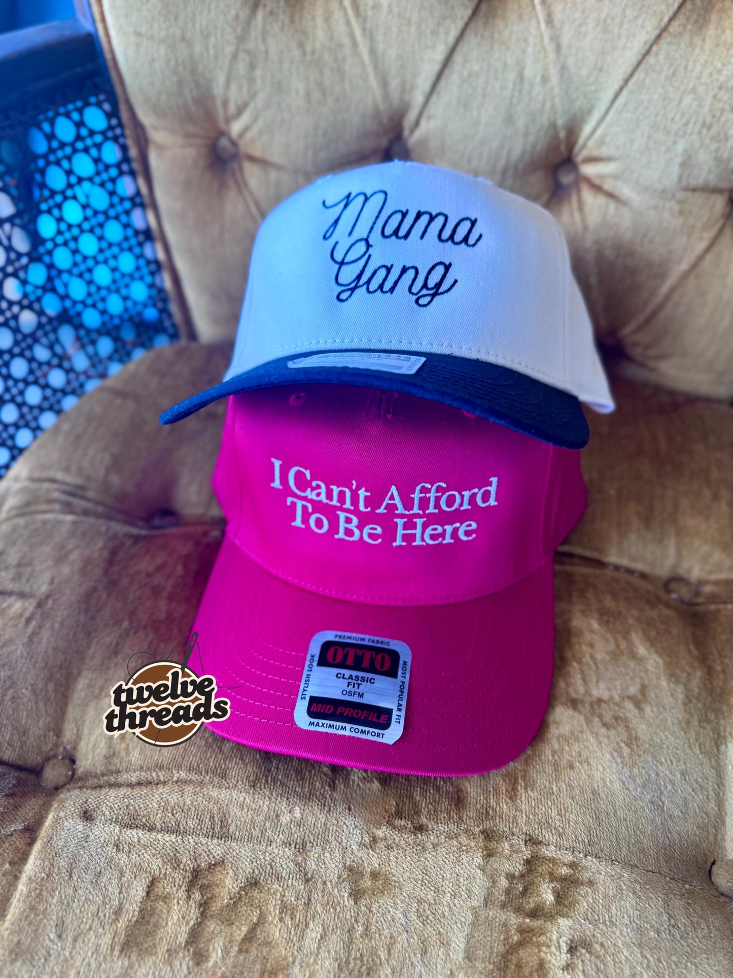 Embroidered I can’t afford to be here Otto cap, 5 panel Otto cap, trucker hat, custom embroidery, embroidery trucker hat, monochrome look