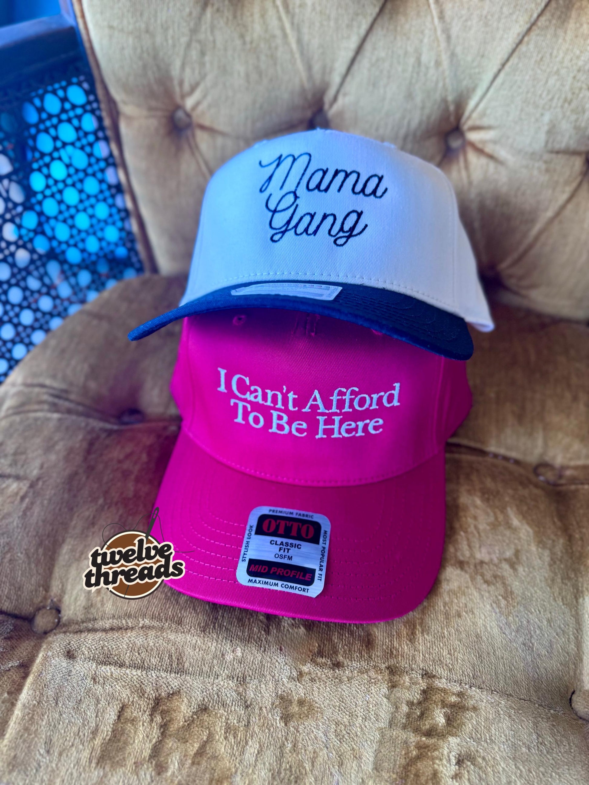 Embroidered I can’t afford to be here Otto cap, 5 panel Otto cap, trucker hat, custom embroidery, embroidery trucker hat, monochrome look