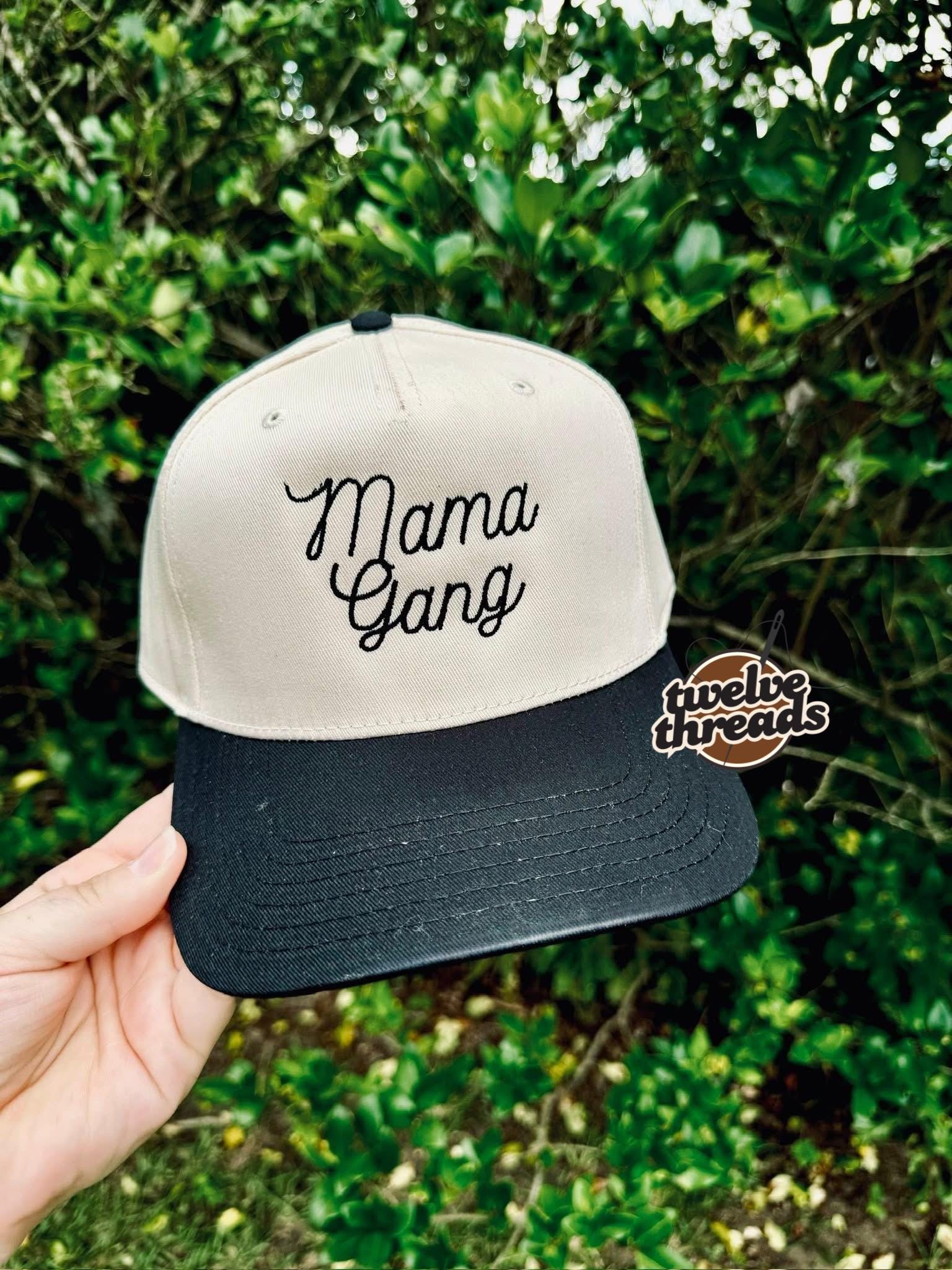 Embroidered mama gang Otto cap, 5 panel Otto cap, trucker hat, custom embroidery, embroidery trucker hat, monochrome look