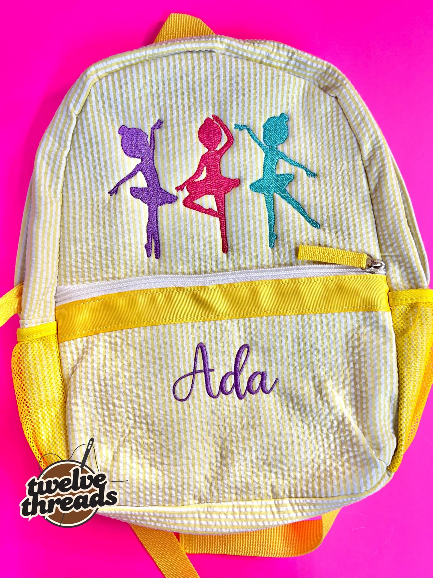 Dancer - ballet - ballerina - seersucker back pack - diaper bag - kids bag - toddler backpack - embroidered backpack - personalized bag