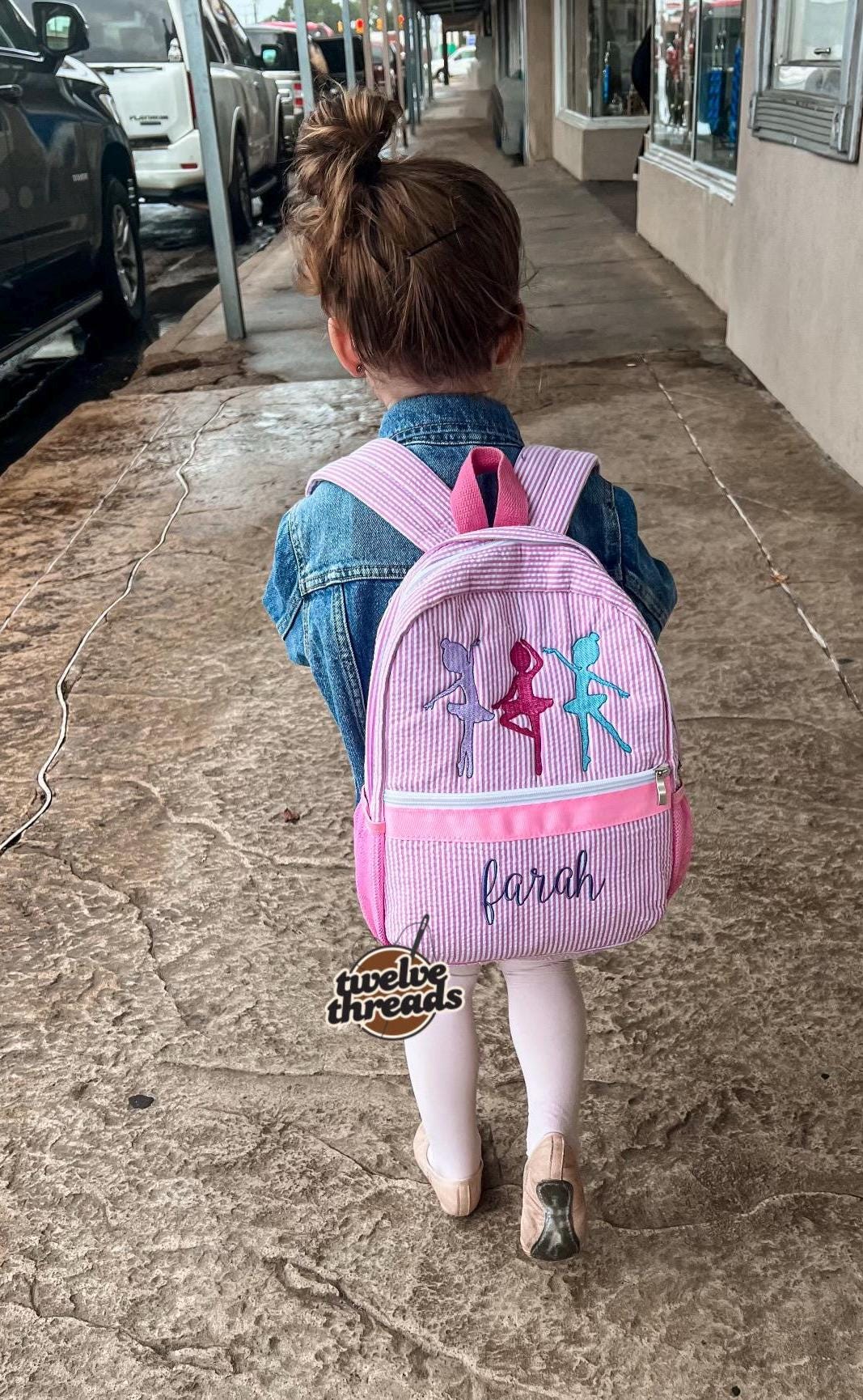 Dancer - ballet - ballerina - seersucker back pack - diaper bag - kids bag - toddler backpack - embroidered backpack - personalized bag