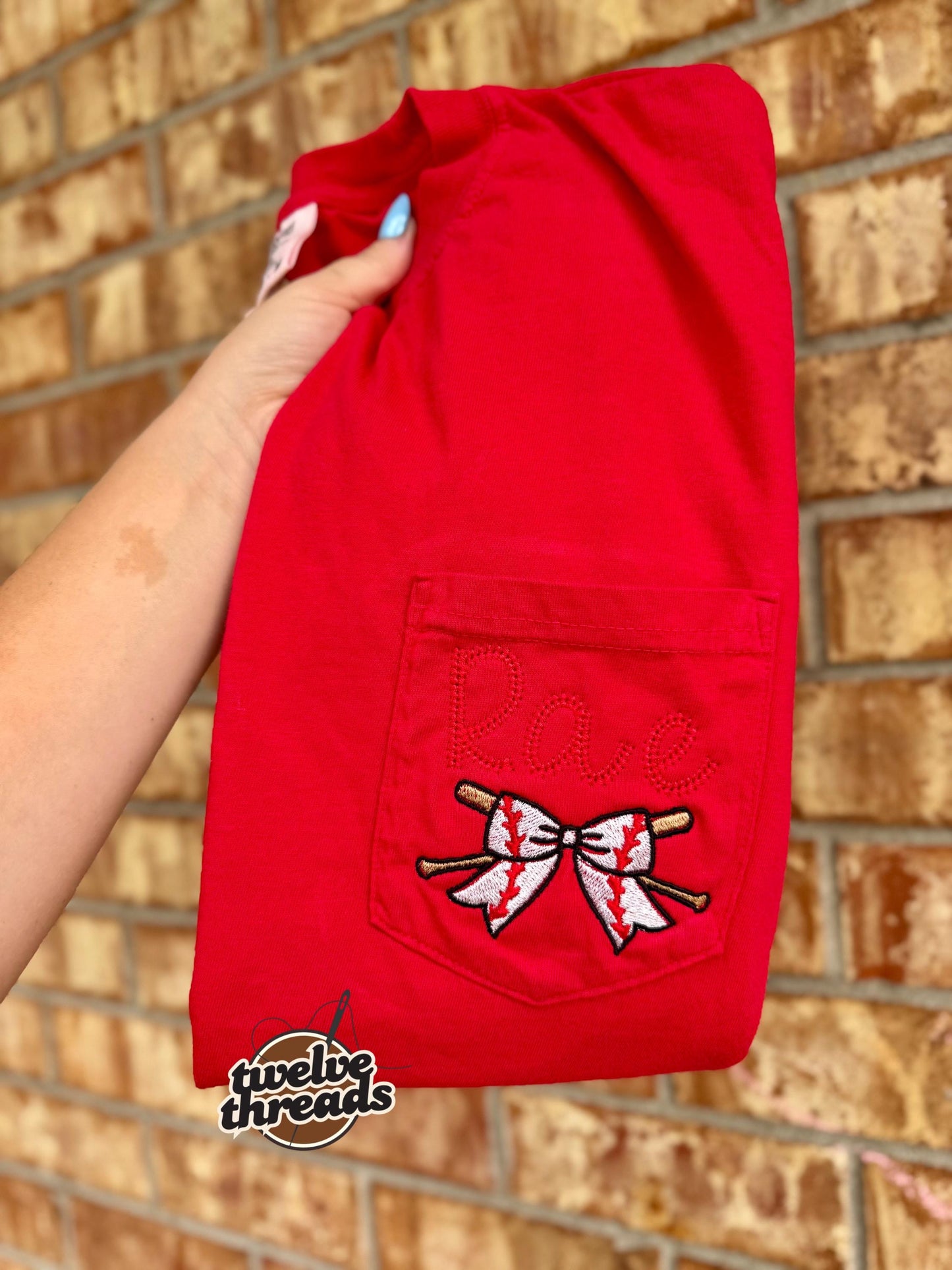 Coquette bow baseball and softball comfort color pocket tee, embroidered monogram, laces font, embroidery, ball season mom tee, comfort tee