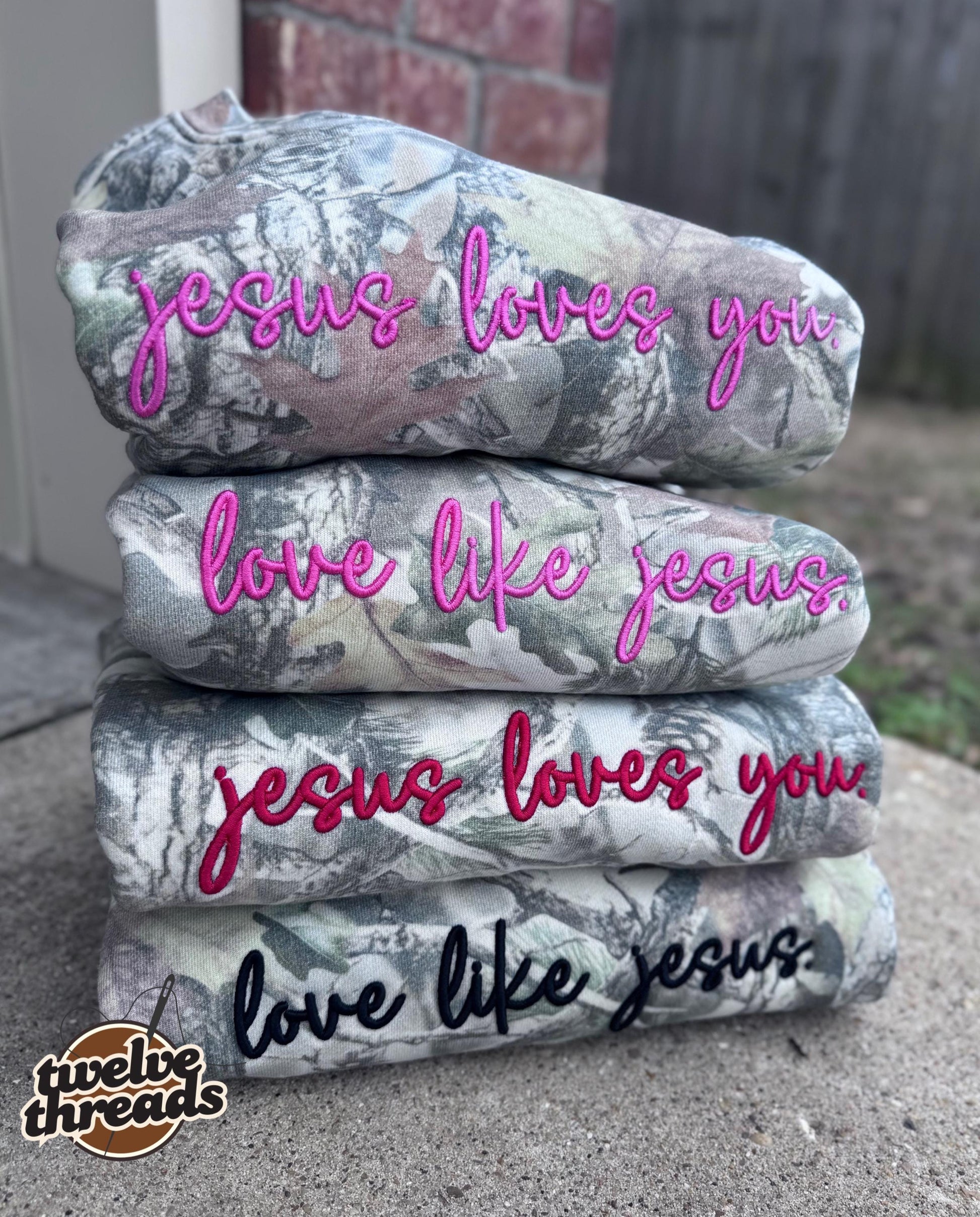 Love like Jesus, puff embroidery, camo trending crewneck tshirt, comfort colors embroidery, faith, Christian, the lord, puff design, love