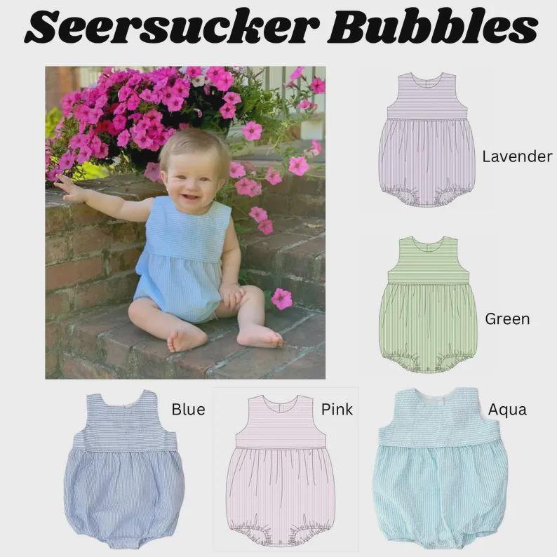 Seersucker side tie dress with custom embroidery, personalized girls seersucker dress, monogram, custom embroidered girls dress, seersucker