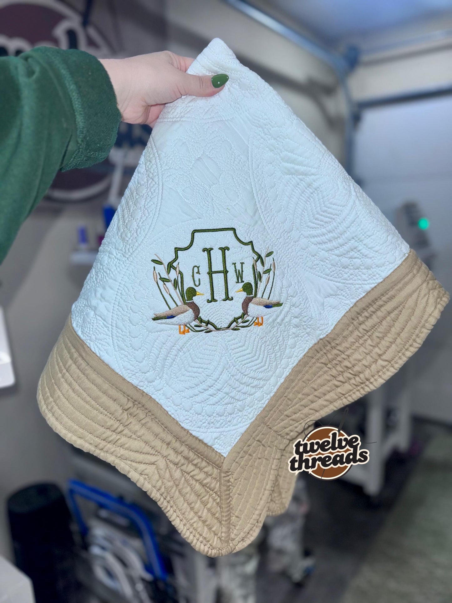 Embroidered mallard duck heirloom quilt with custom monogram, personalized baby blanket, baby boy quilt, embroidered custom heirloom blanket