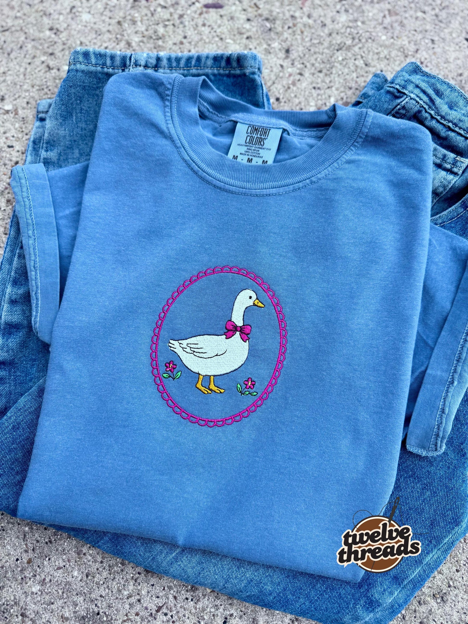 Embroidered goose in a frame, antique trendy goose duck, flower, coquette bow, framed good, thrifting, thift antique embroidery, trending