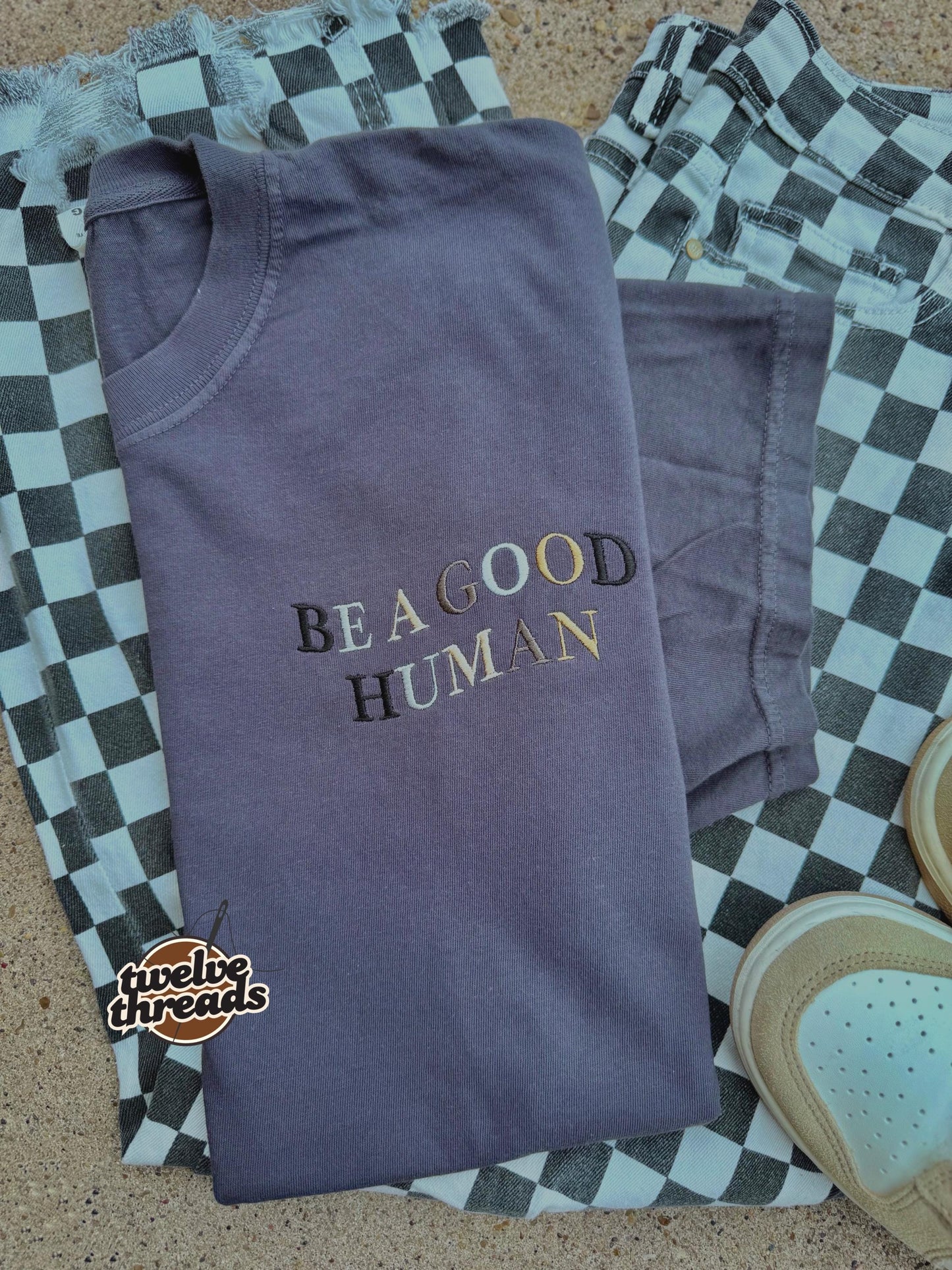 Embroidered be a good human, colorful thread options on comfort colors t shirt, unisex fit crewneck, inspirational embroidery, custom tshirt