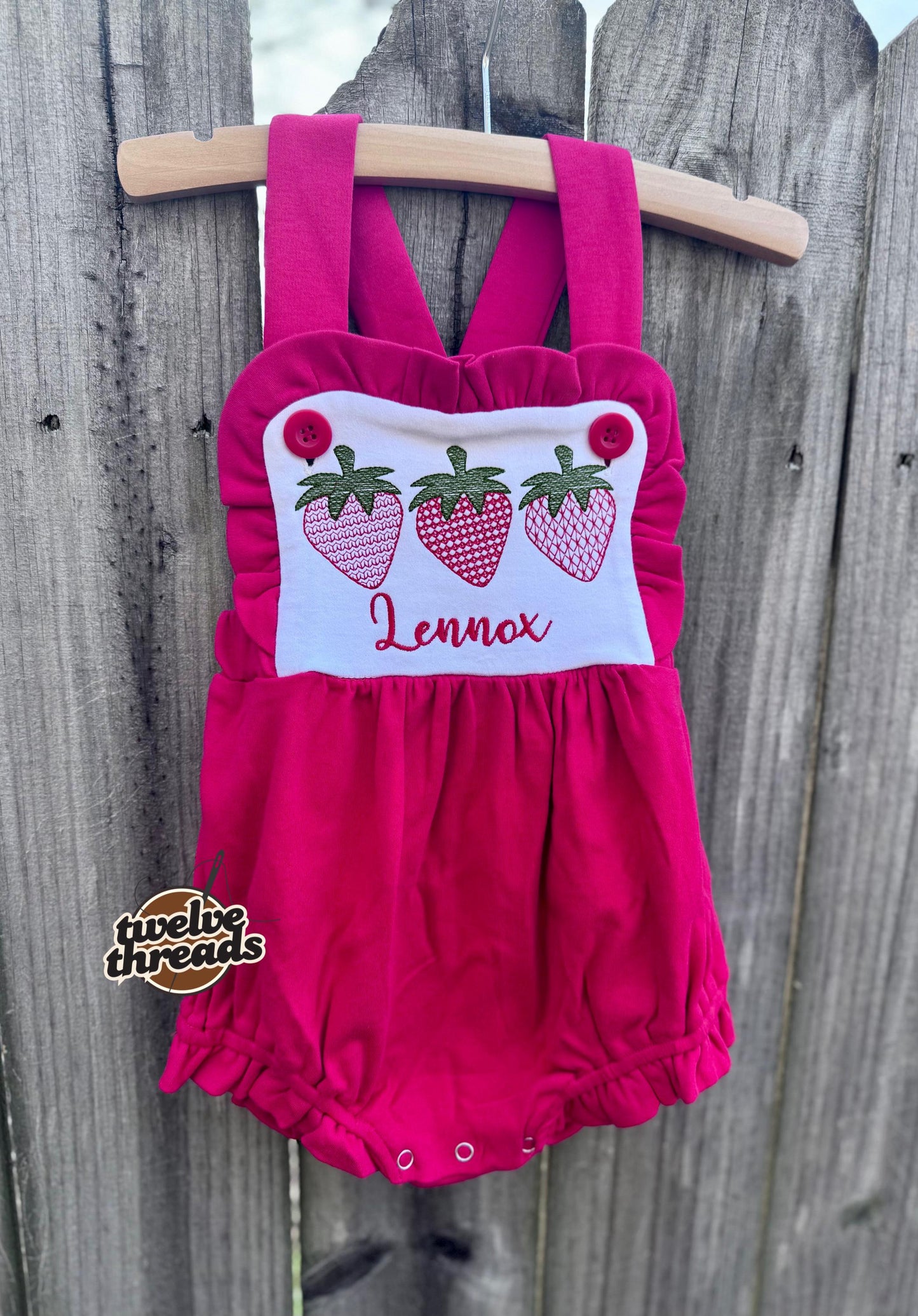 Personalized triple strawberry embroidered sunsuit bubble romper, embroidered strawberry design, custom name sunsuit, criss cross back