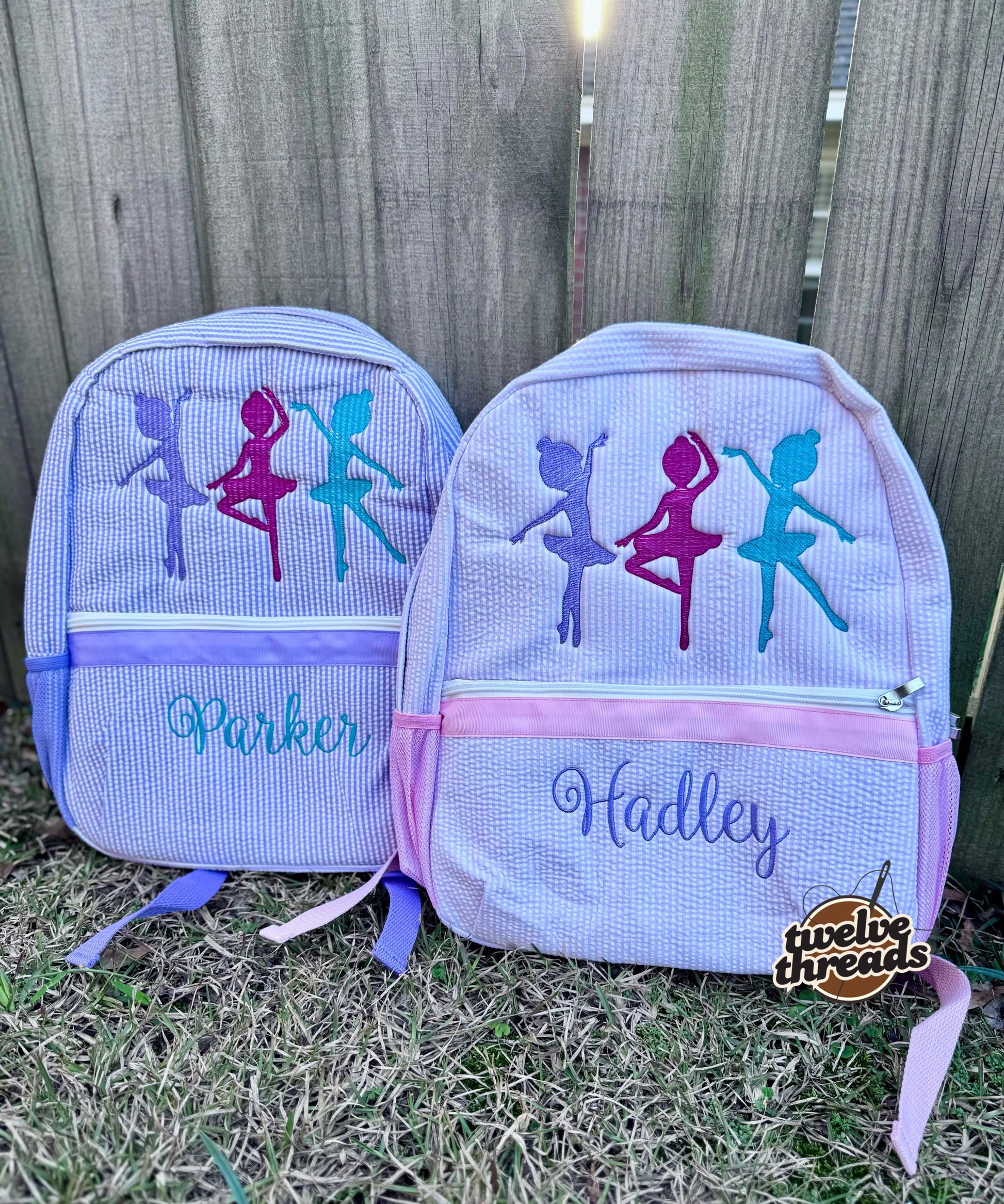 Dancer - ballet - ballerina - seersucker back pack - diaper bag - kids bag - toddler backpack - embroidered backpack - personalized bag