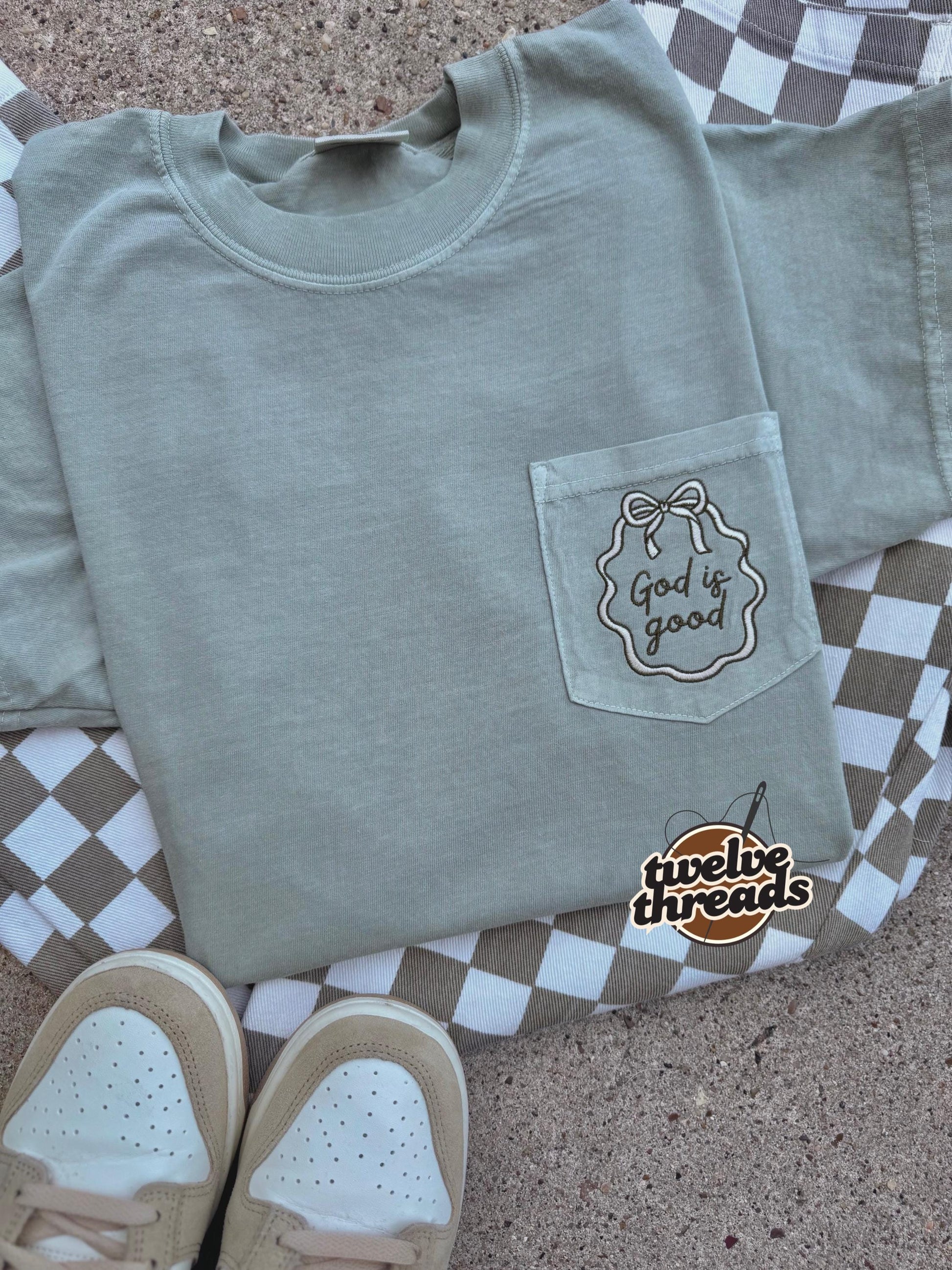 God is good pocket comfort colors t shirt, embroidered pocket tee, GOD IS GOOD, coquette bow, custom thread colors, border frame design