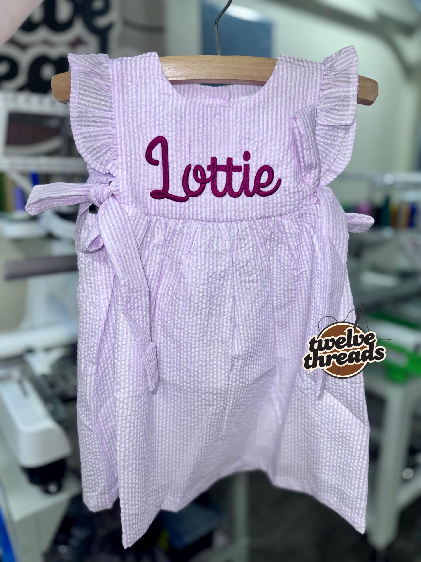Seersucker side tie dress with custom embroidery, personalized girls seersucker dress, monogram, custom embroidered girls dress, seersucker