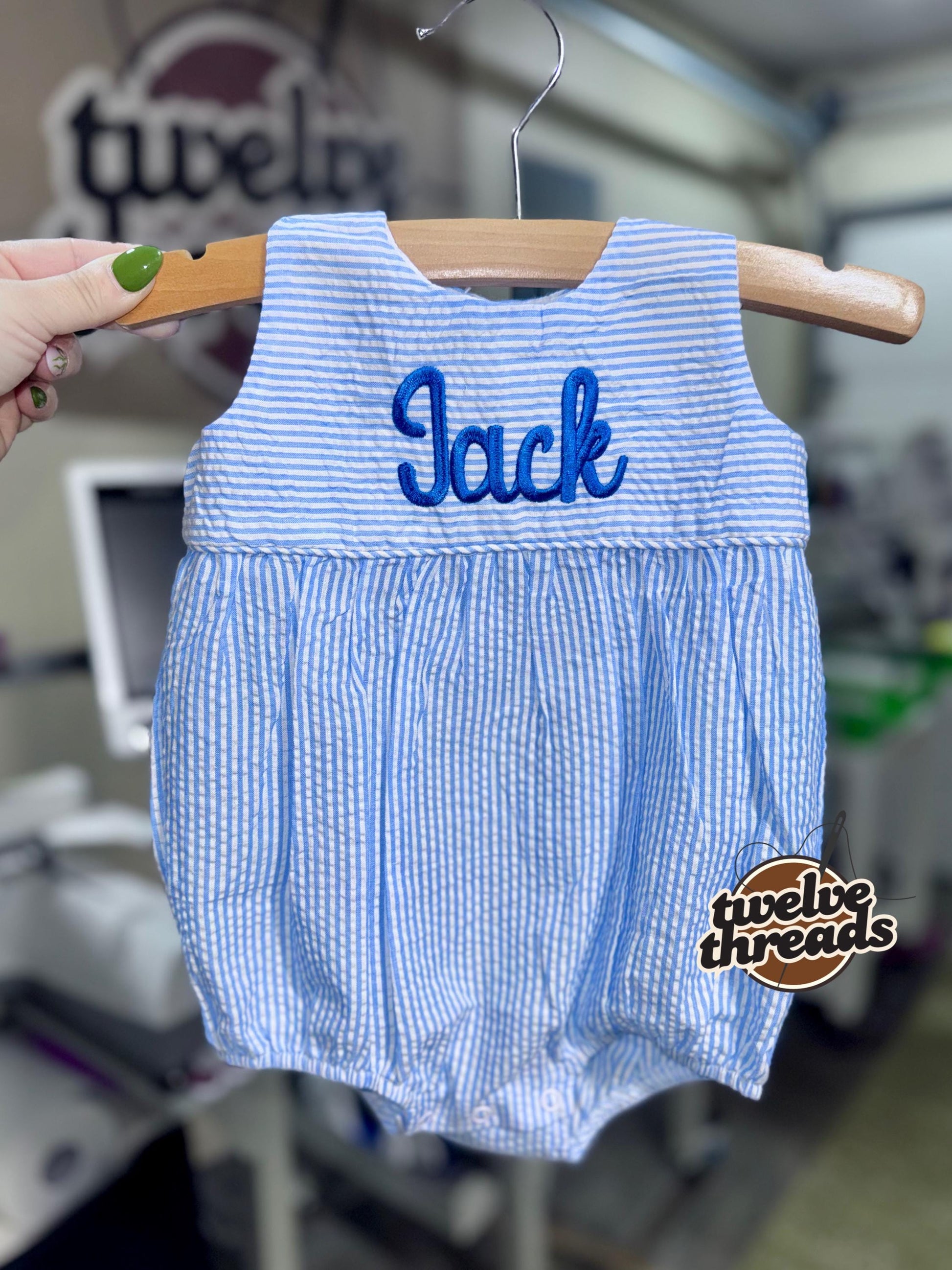 Seersucker side tie dress with custom embroidery, personalized girls seersucker dress, monogram, custom embroidered girls dress, seersucker