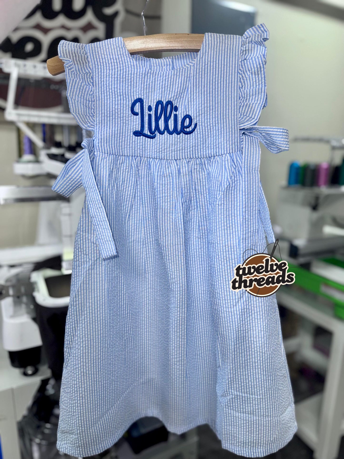 Seersucker side tie dress with custom embroidery, personalized girls seersucker dress, monogram, custom embroidered girls dress, seersucker