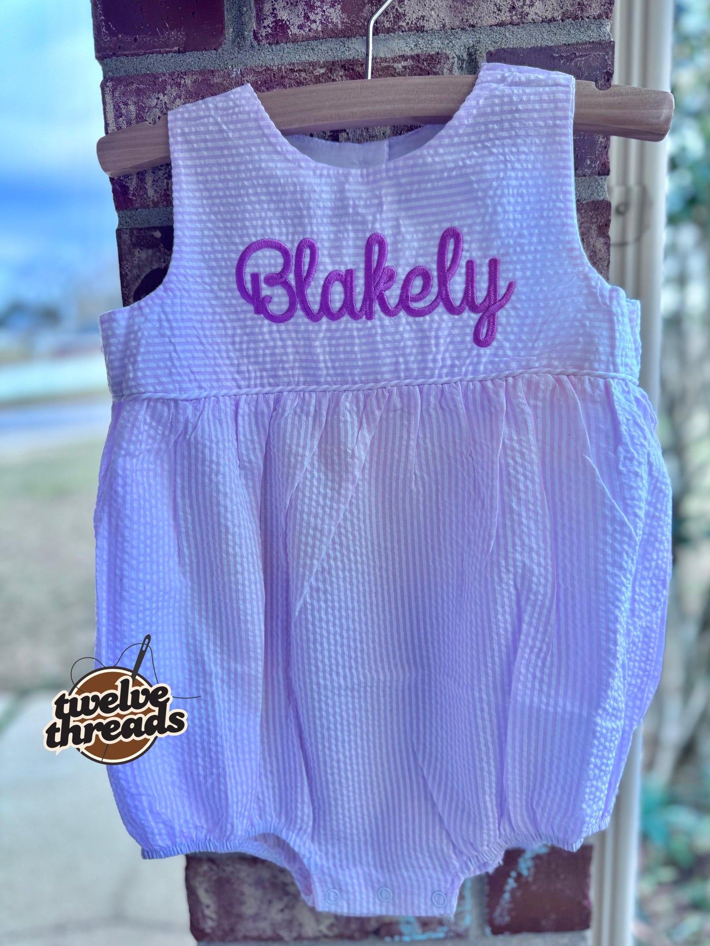 Seersucker side tie dress with custom embroidery, personalized girls seersucker dress, monogram, custom embroidered girls dress, seersucker