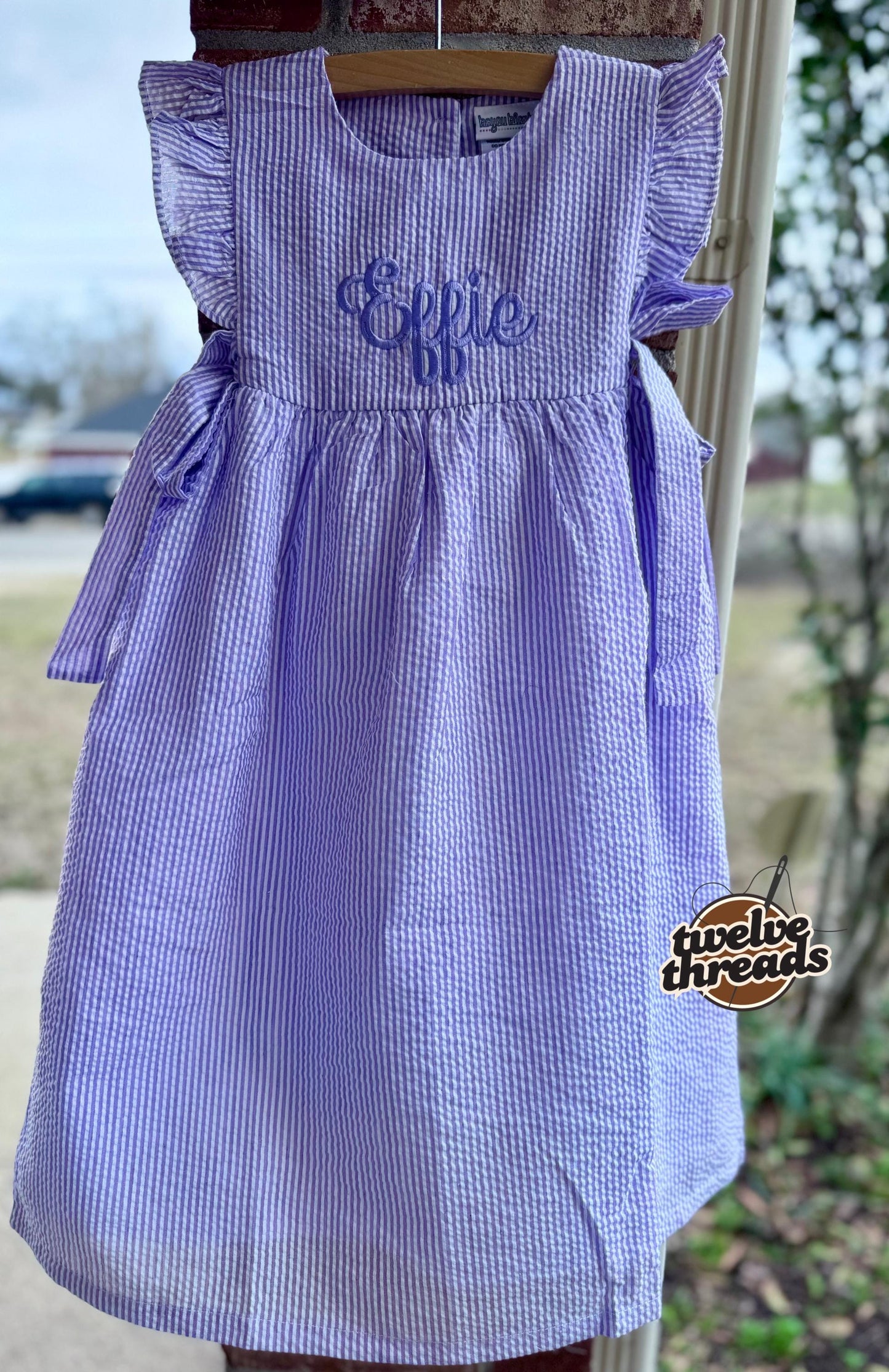 Seersucker side tie dress with custom embroidery, personalized girls seersucker dress, monogram, custom embroidered girls dress, seersucker