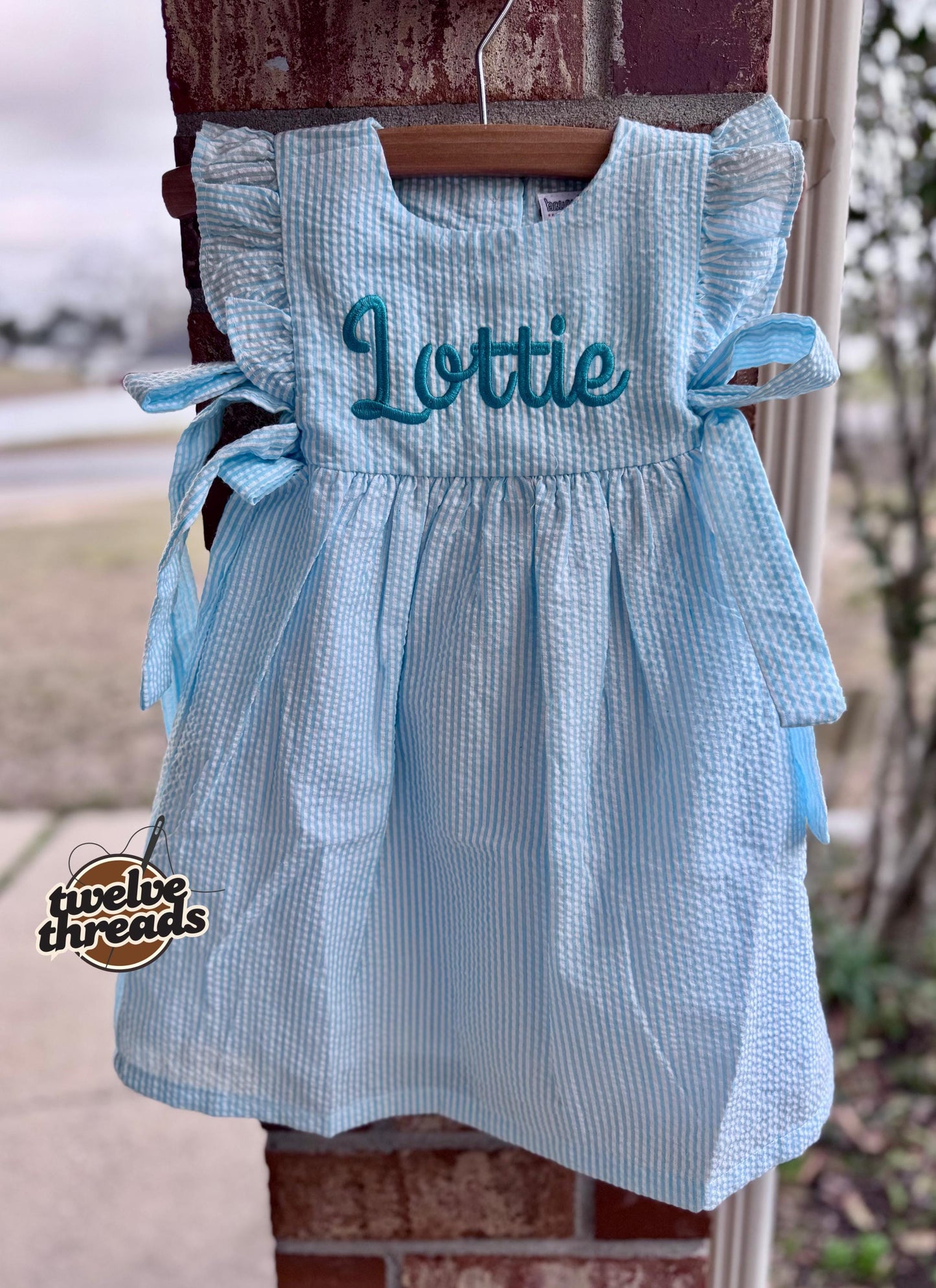 Seersucker side tie dress with custom embroidery, personalized girls seersucker dress, monogram, custom embroidered girls dress, seersucker