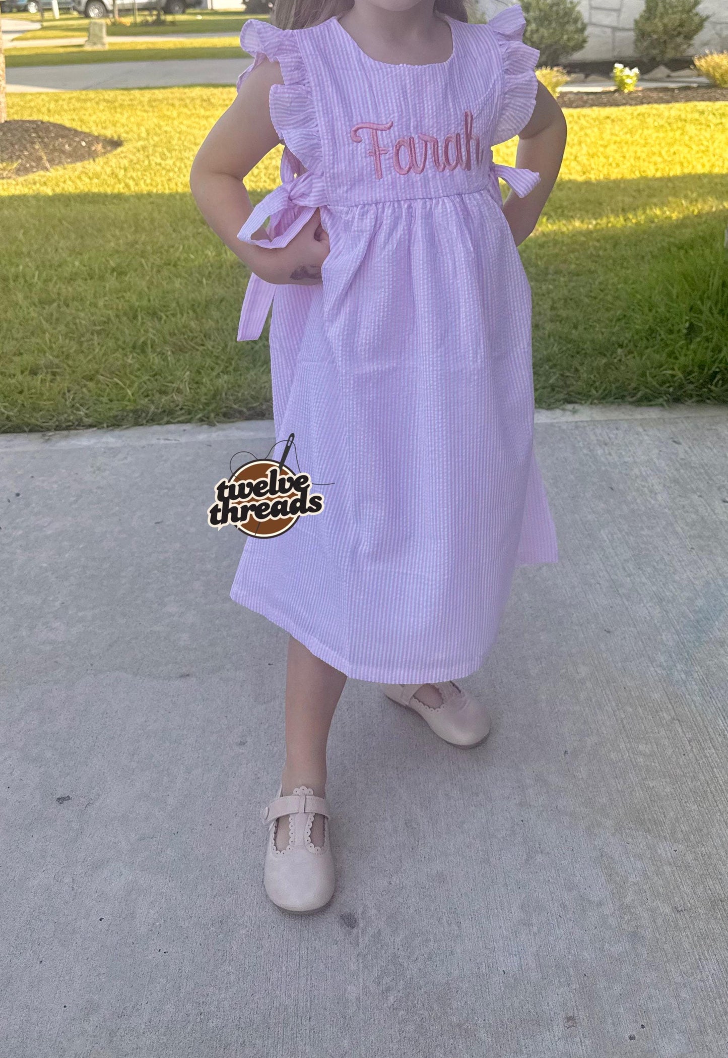 Seersucker side tie dress with custom embroidery, personalized girls seersucker dress, monogram, custom embroidered girls dress, seersucker