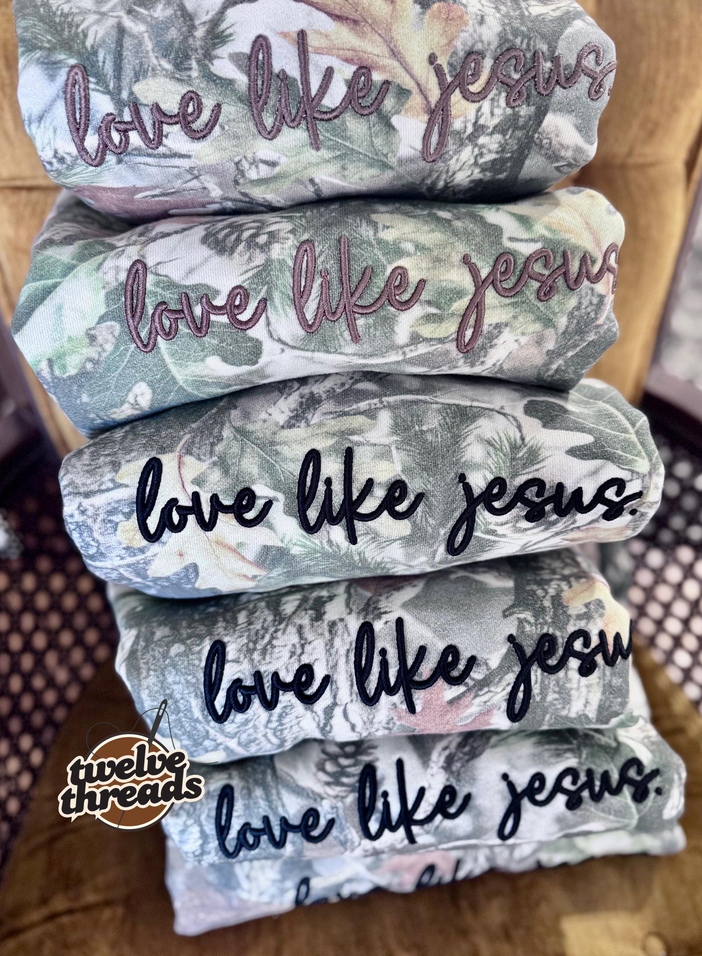 Love like Jesus, puff embroidery, camo trending crewneck tshirt, comfort colors embroidery, faith, Christian, the lord, puff design, love