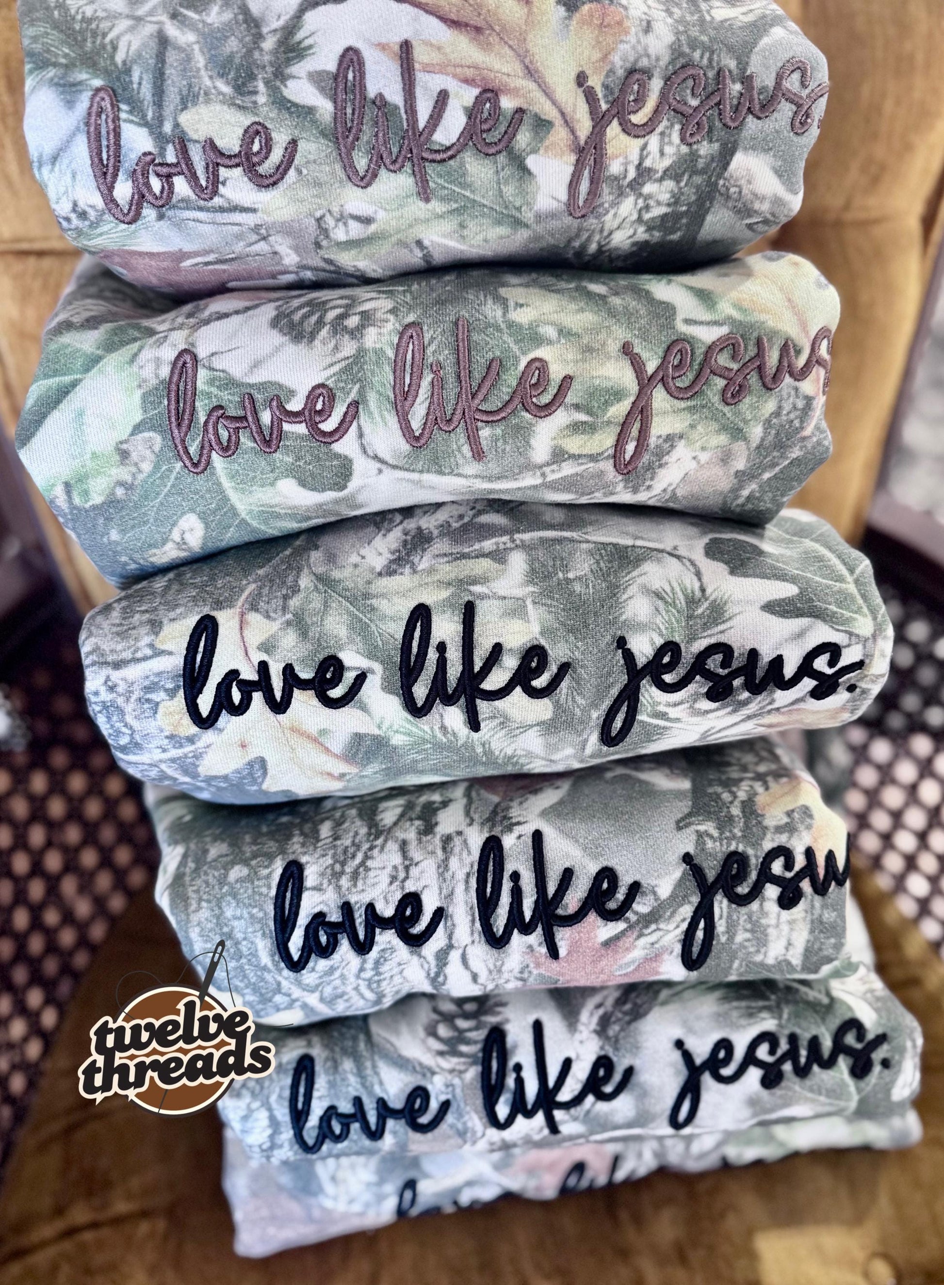 Love like Jesus, puff embroidery, camo trending crewneck tshirt, comfort colors embroidery, faith, Christian, the lord, puff design, love