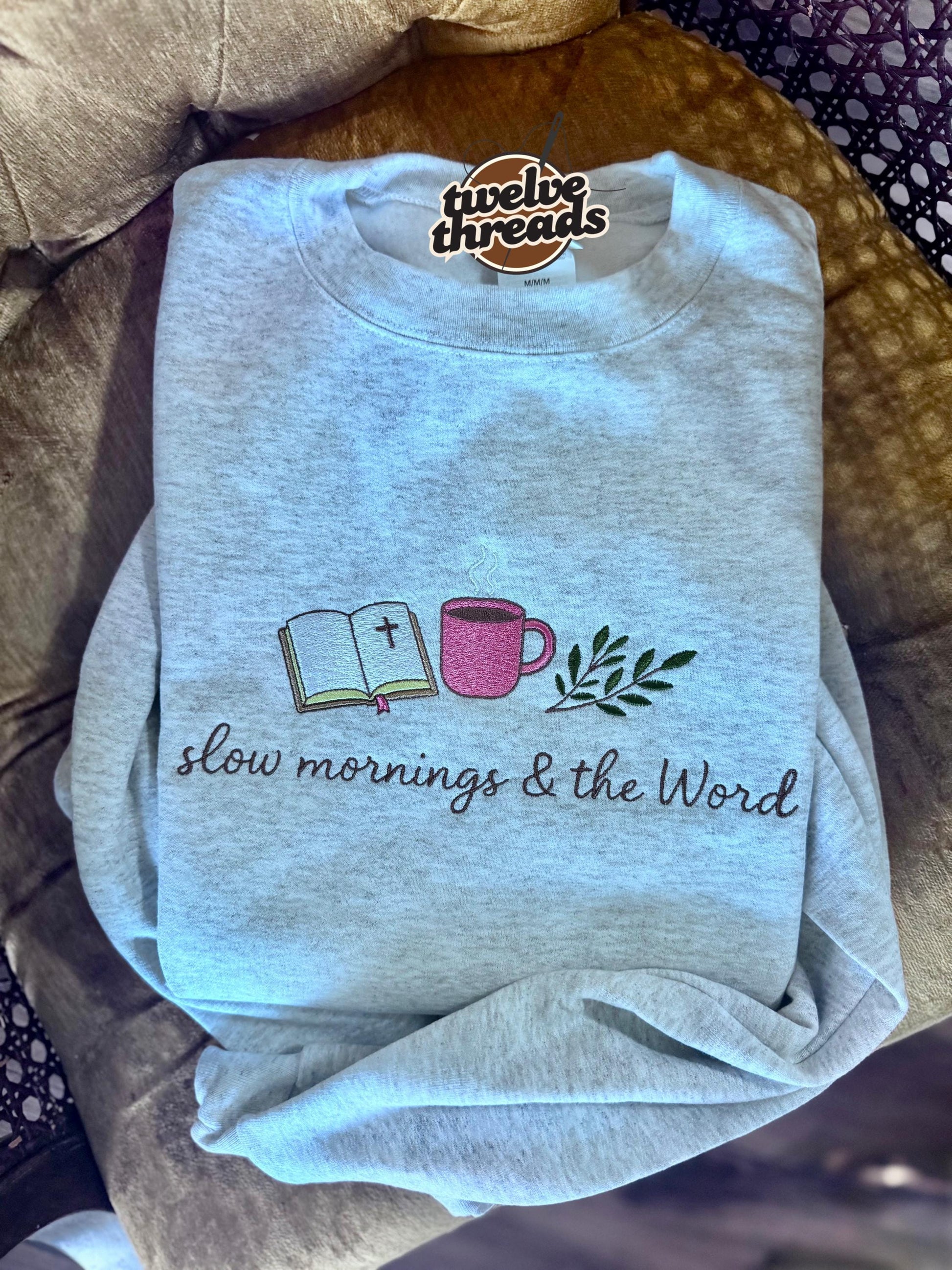 Embroidered faith christian t shirt crew, slow mornings and the word, Bible, coffee cup, embroidery, custom embroidered sweatshirt, god